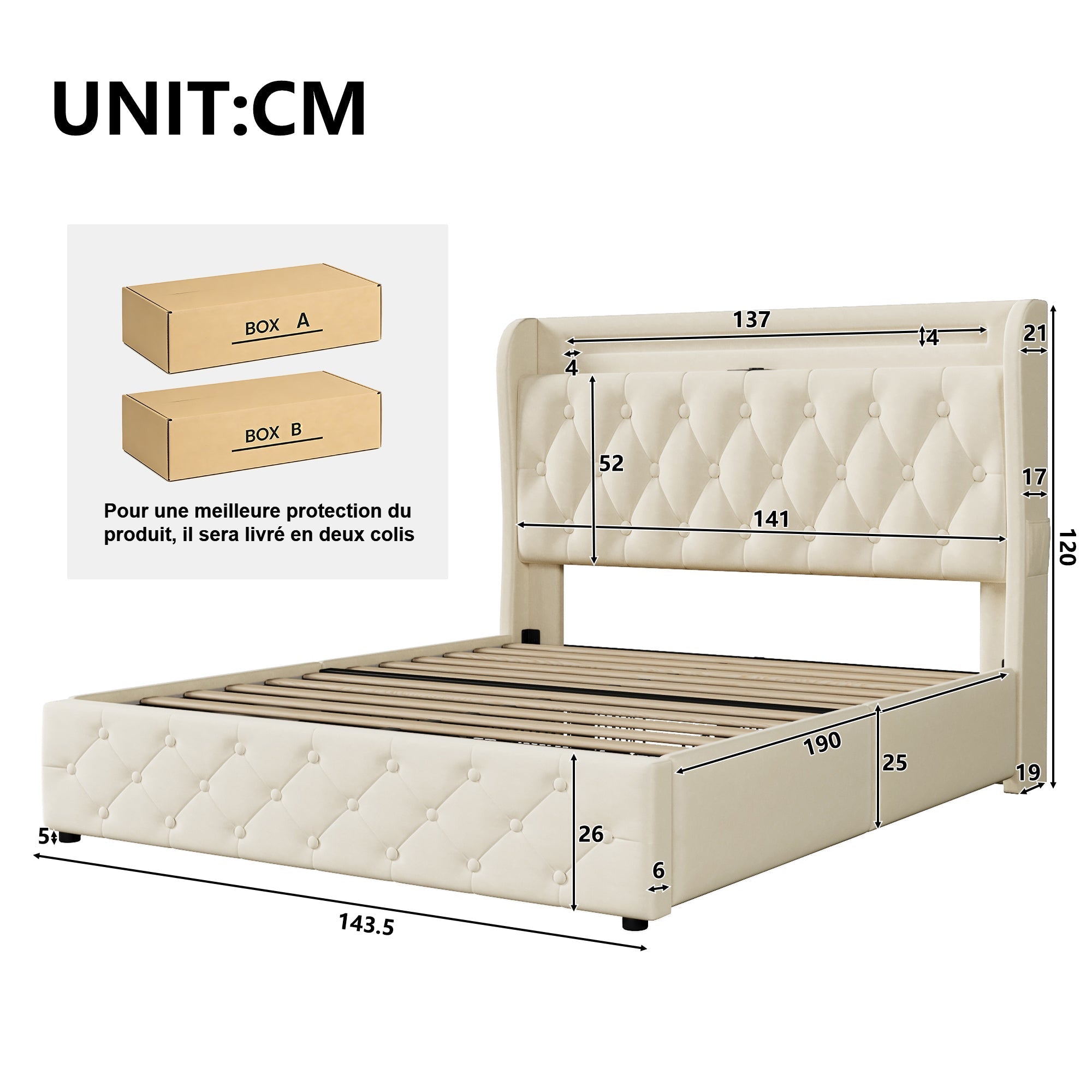 Upholstered Bed 140x190cm LED USB Headboard Storage 4 Drawers - Velvet