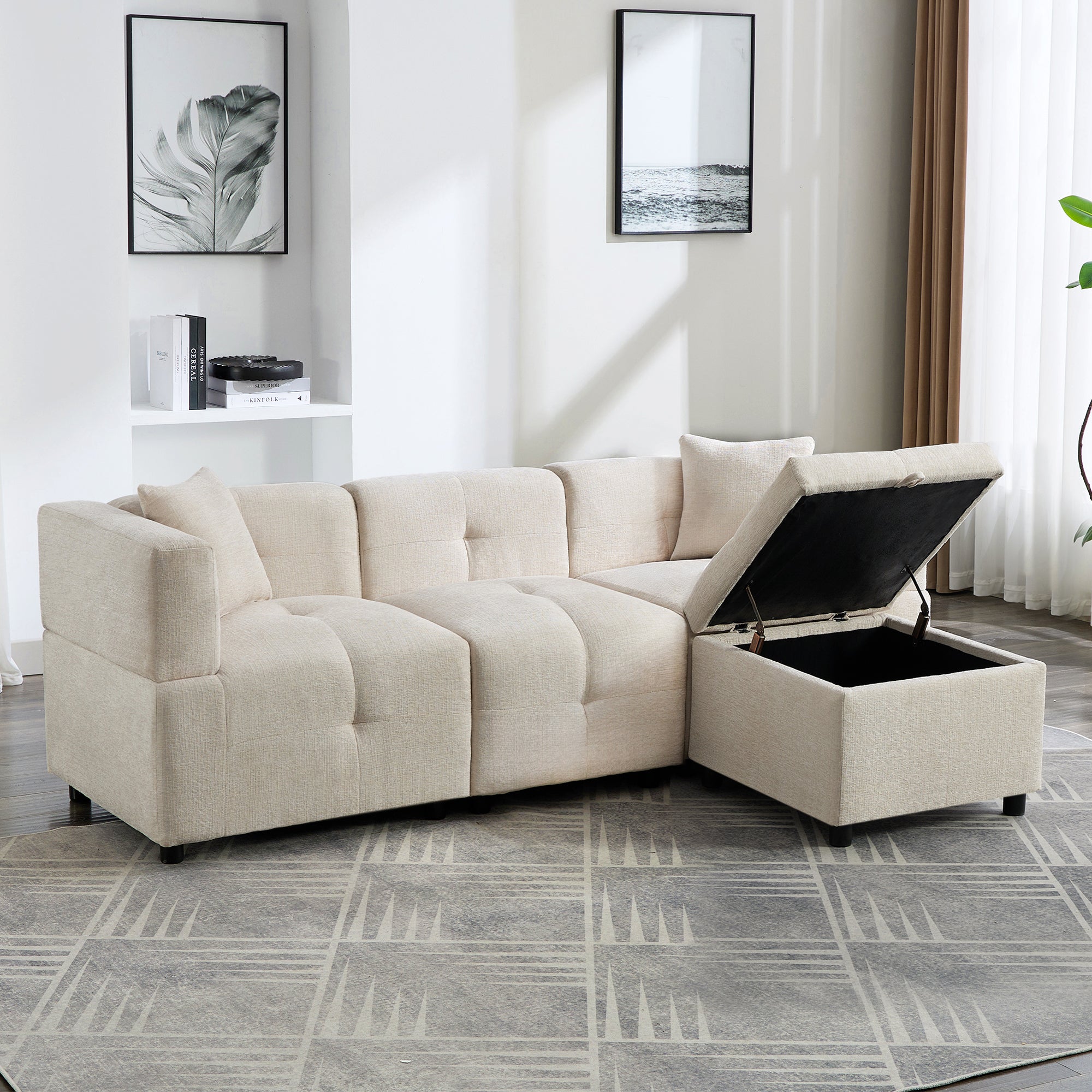 Sofa, 3-Seater L-Shaped Corner with Storage & Removable Footstool, 2 Cushions