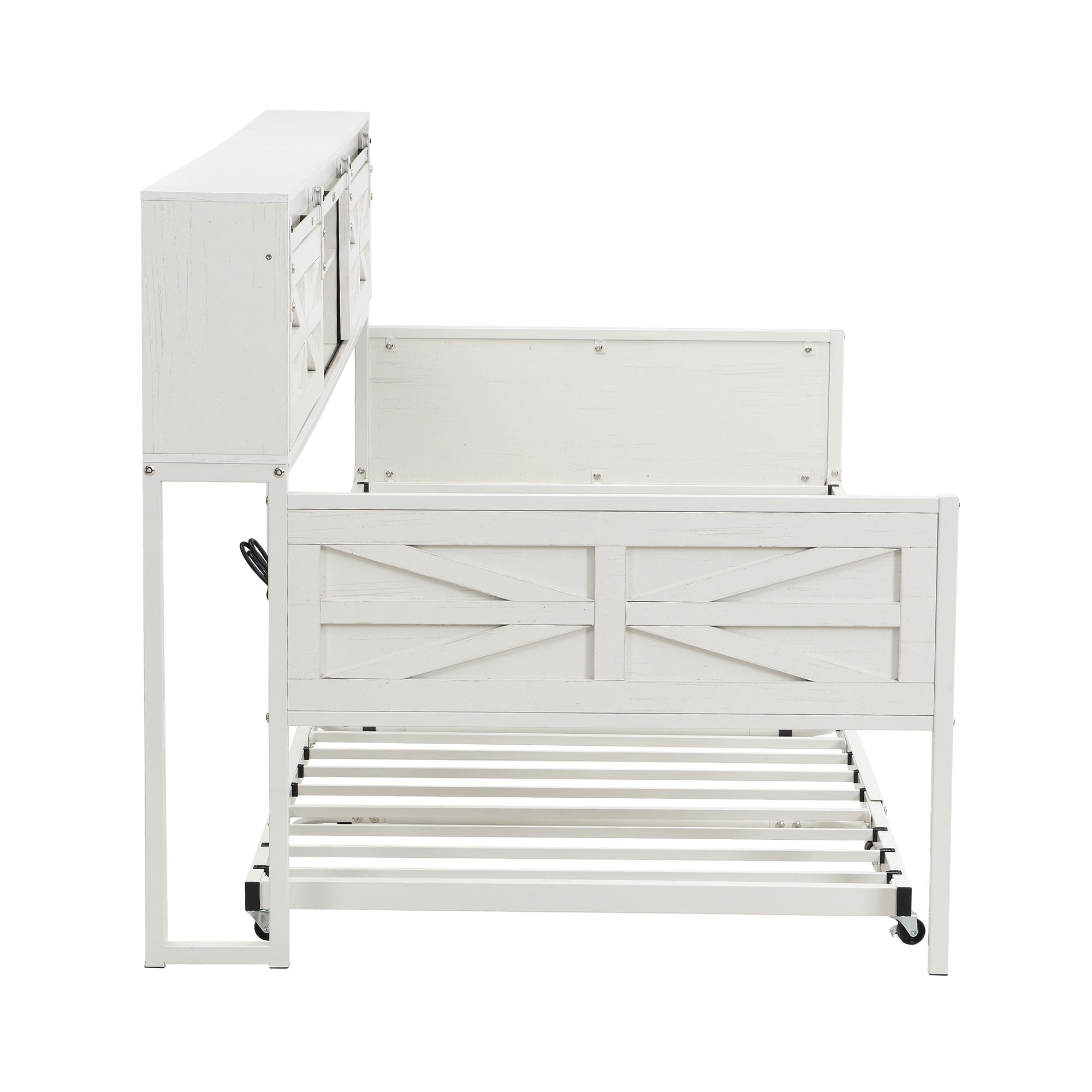 Multifunctional Iron Daybed with Storage Shelves and Pull-out Bed, White/Black Metal