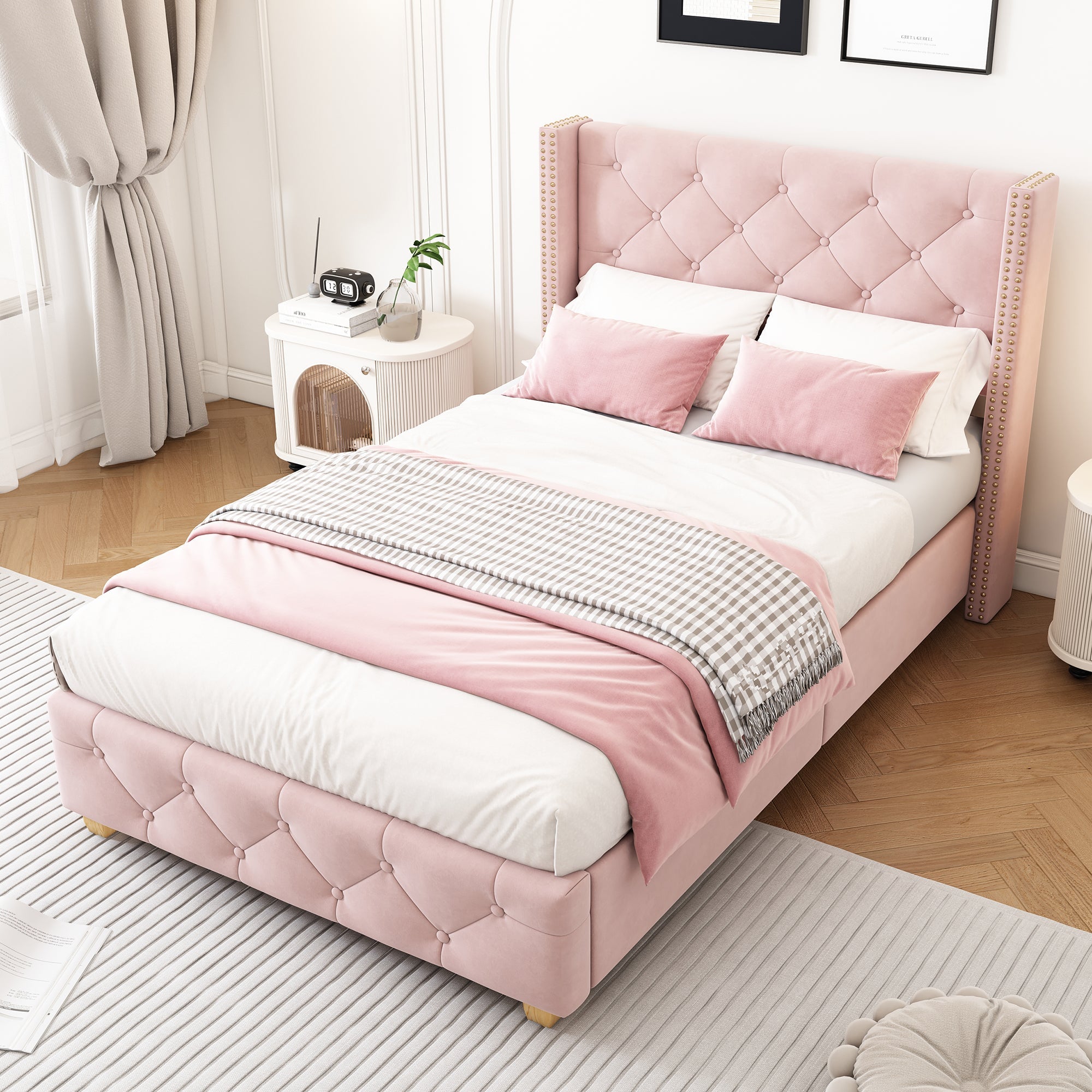 Upholstered Bed 90x200cm Headboard Button Studded Slatted Frame - Velvet Pink