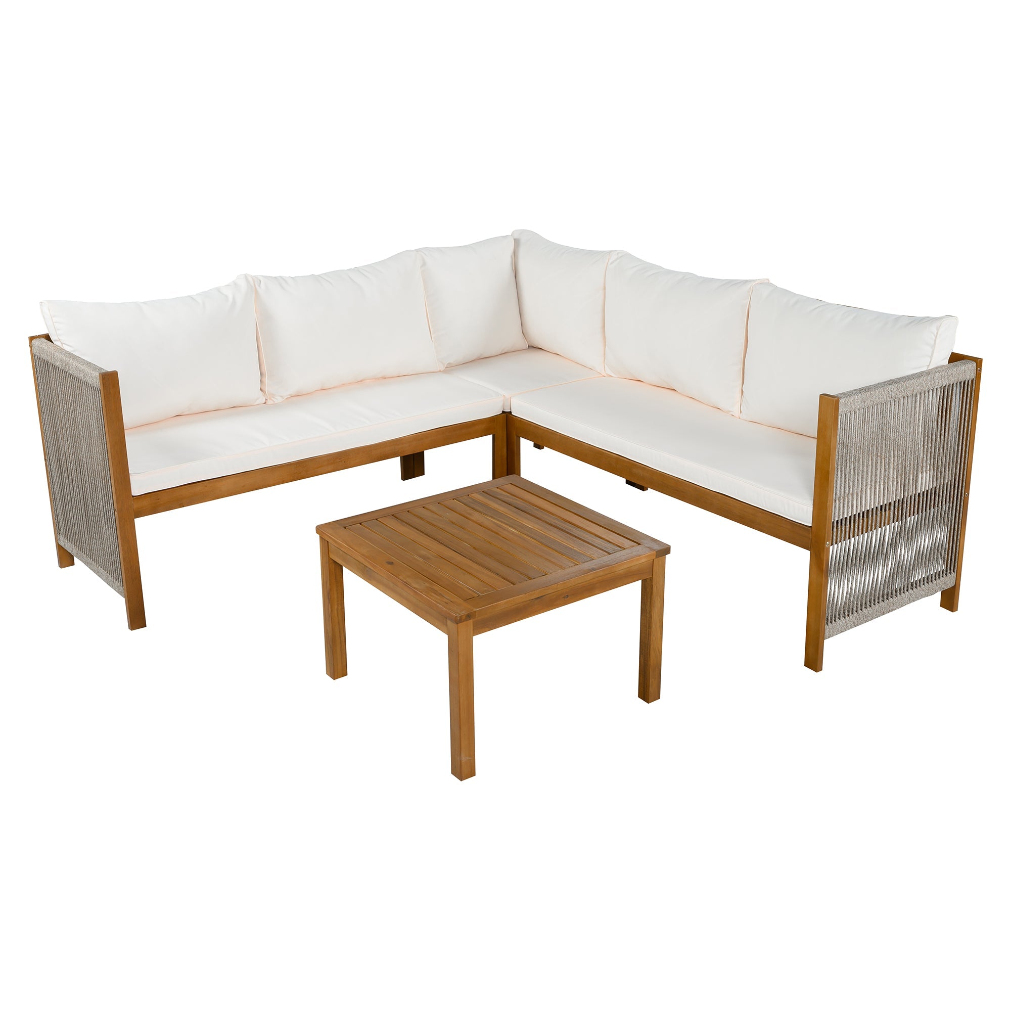 Garden Furniture Set with Corner Sofa, Coffee Table and Woven Rope Craftsmanship, Beige Acacia Wood