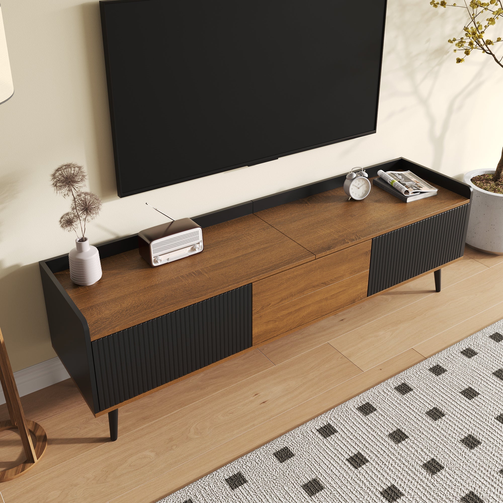 TV Cabinet Three-Door Base Cabinet, Compact Design, Black and Natural Wood