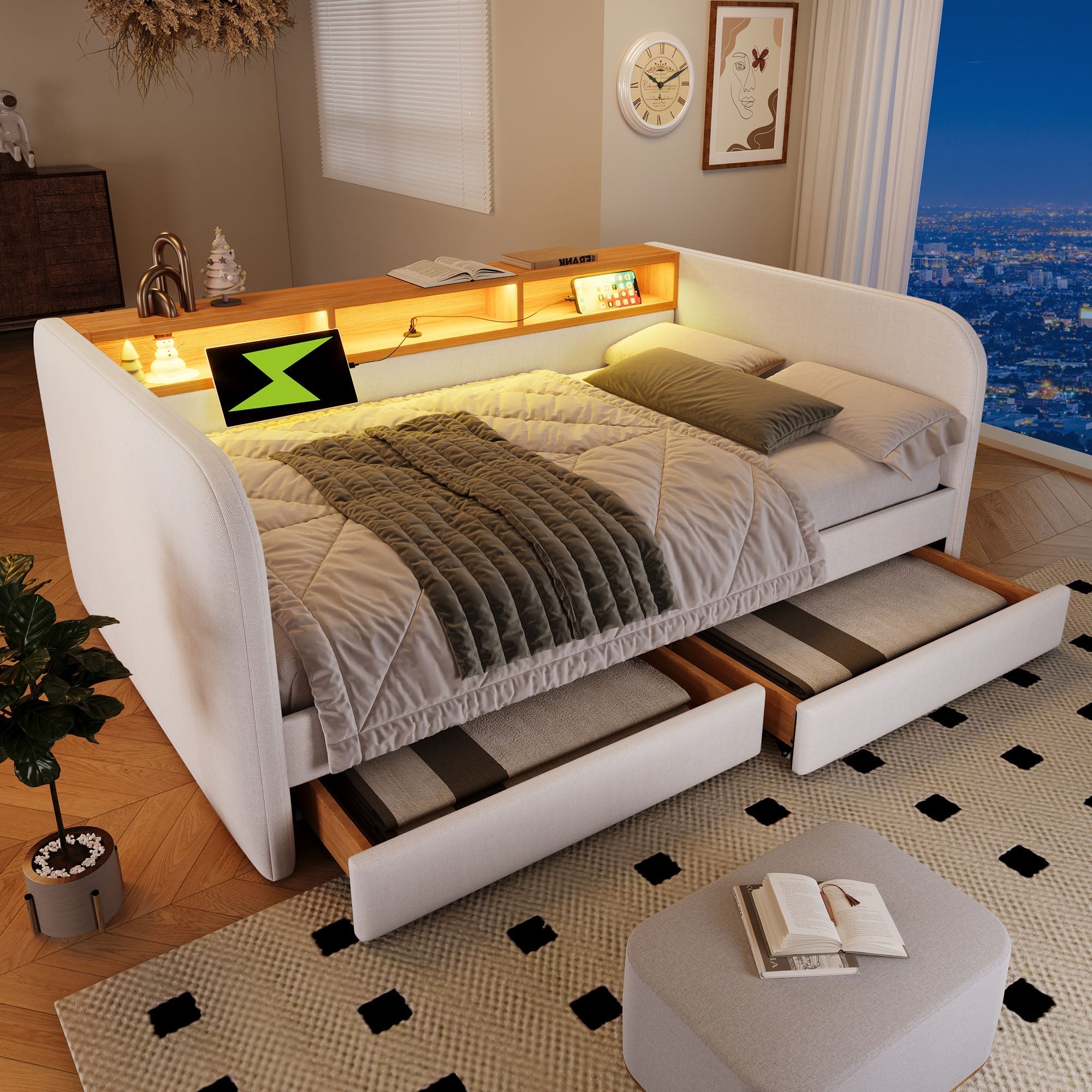Daybed, 140x190 cm Upholstered Sofa Bed with LED, USB-C, Drawers & Storage Headboard, Light Beige Linen