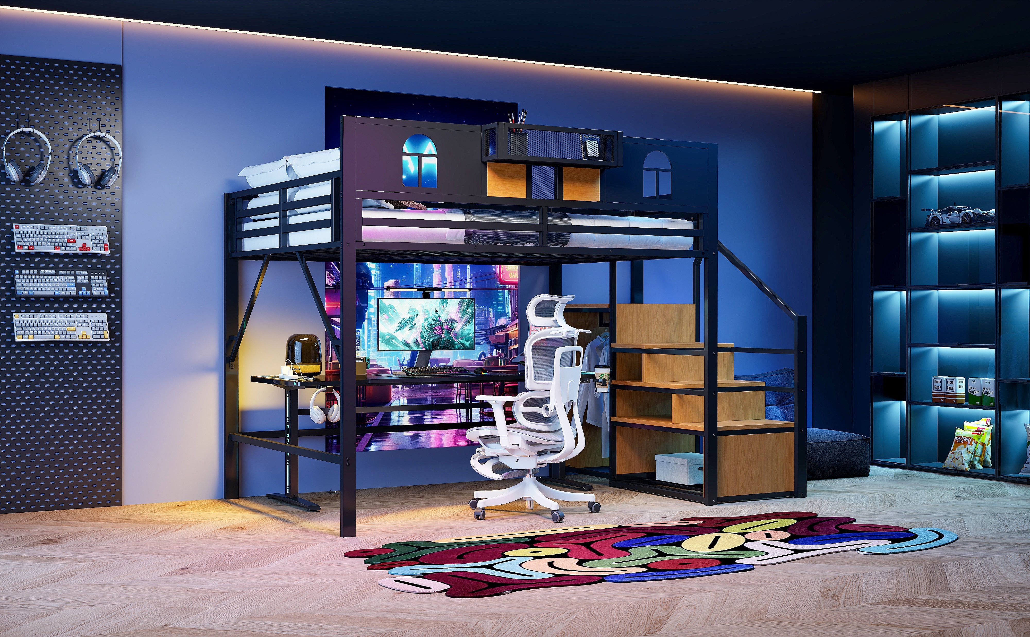 Large Metal Loft Bed with Storage Stairs and Integrated Shelving, Black and Wood Look