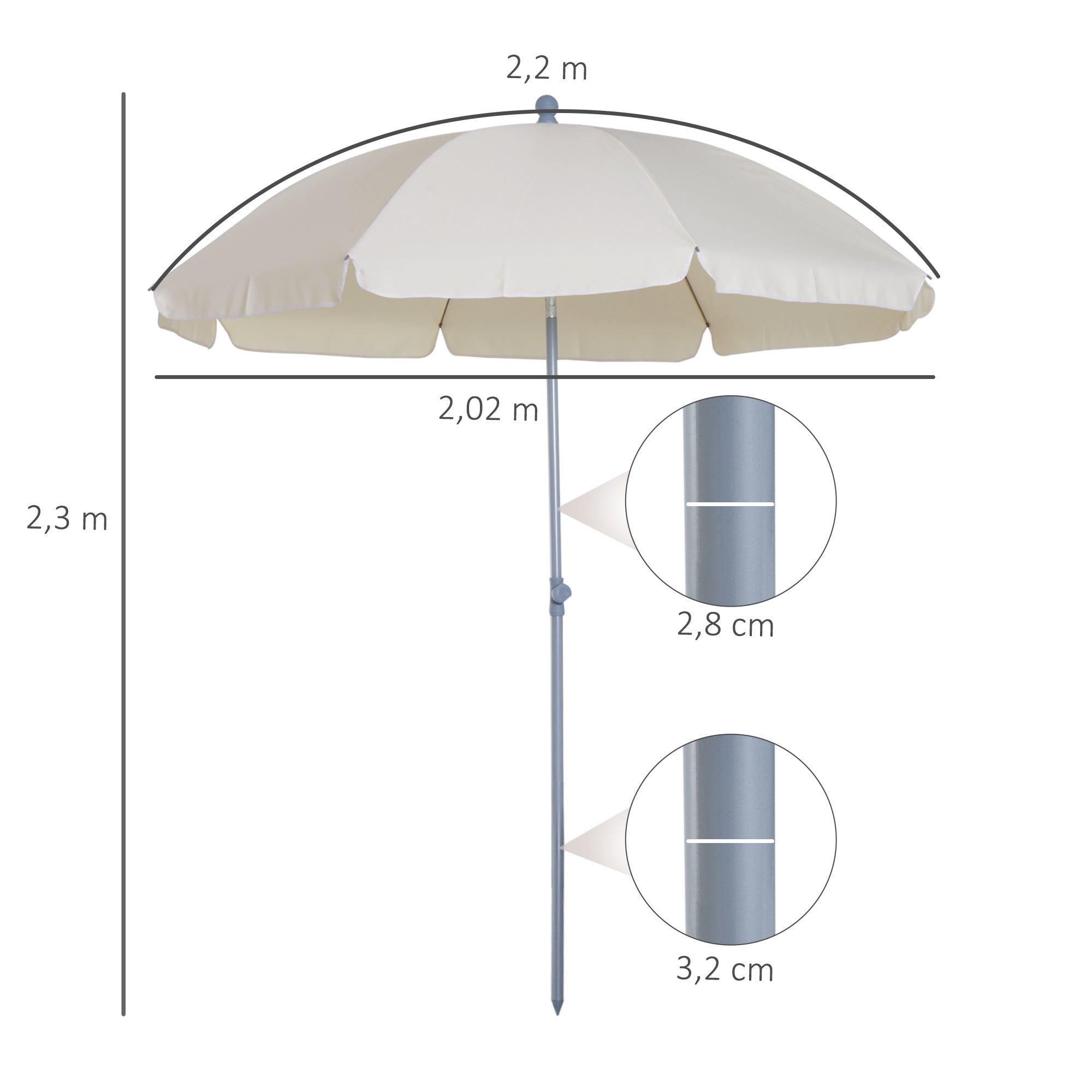 2.2m Beach Umbrella Portable Parasol Tilting Function 8 Ribs, Cream White