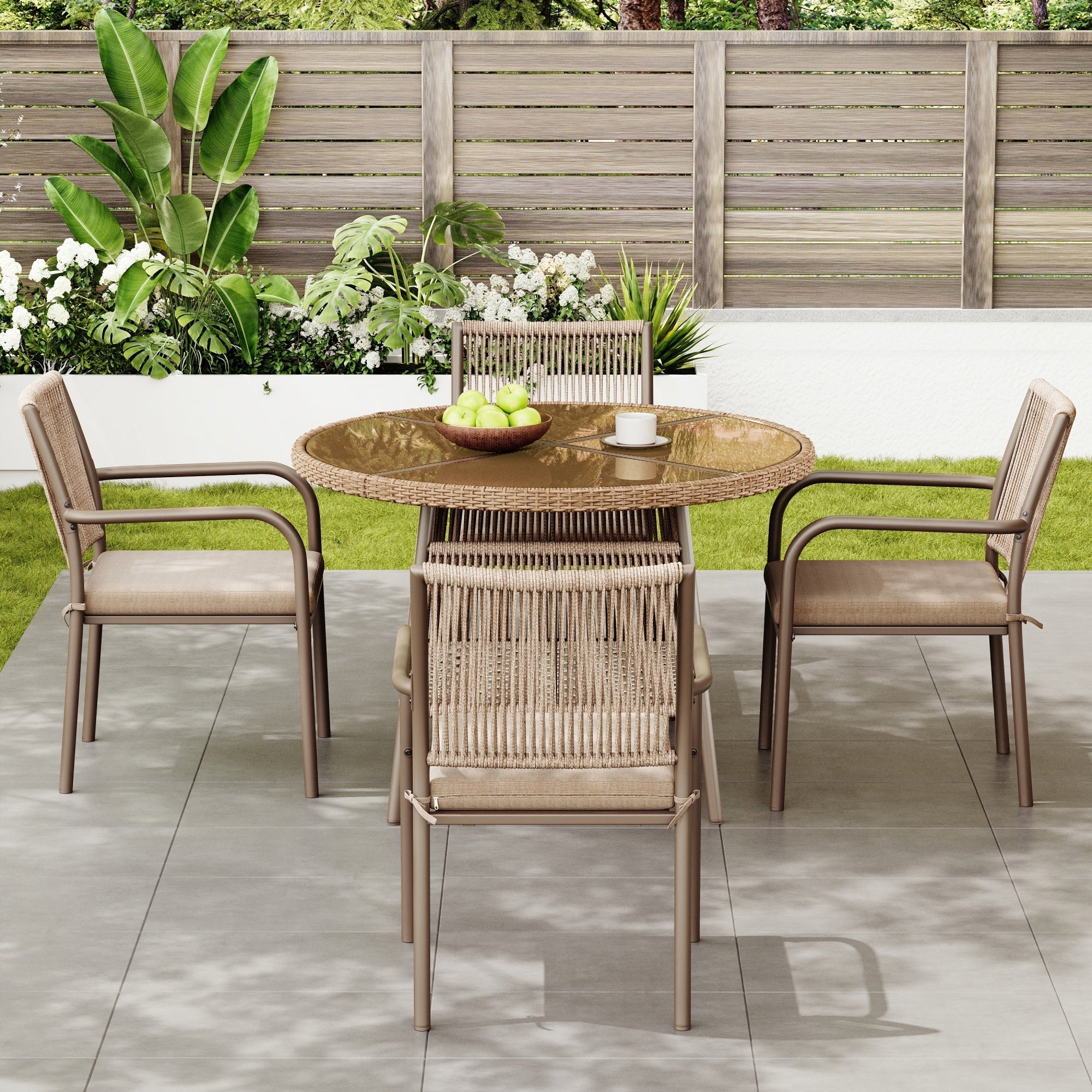 Rattan Garden Set Round Glass Table 4 Armchairs - Iron Frame