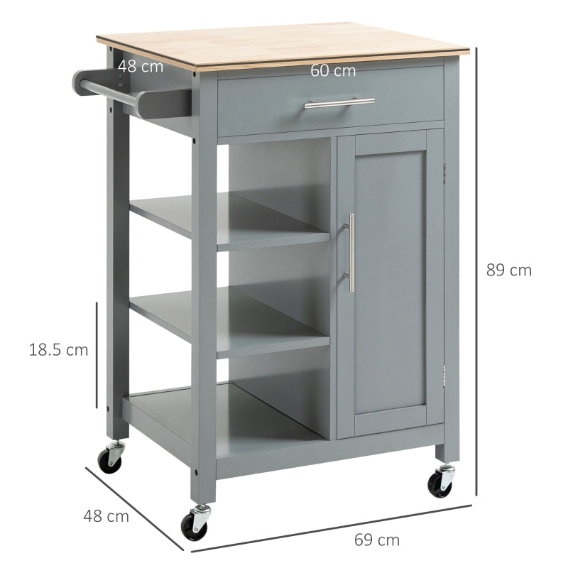 Compact Kitchen Trolley Utility Cart Open Shelf Drawer Wheels, Grey MDF