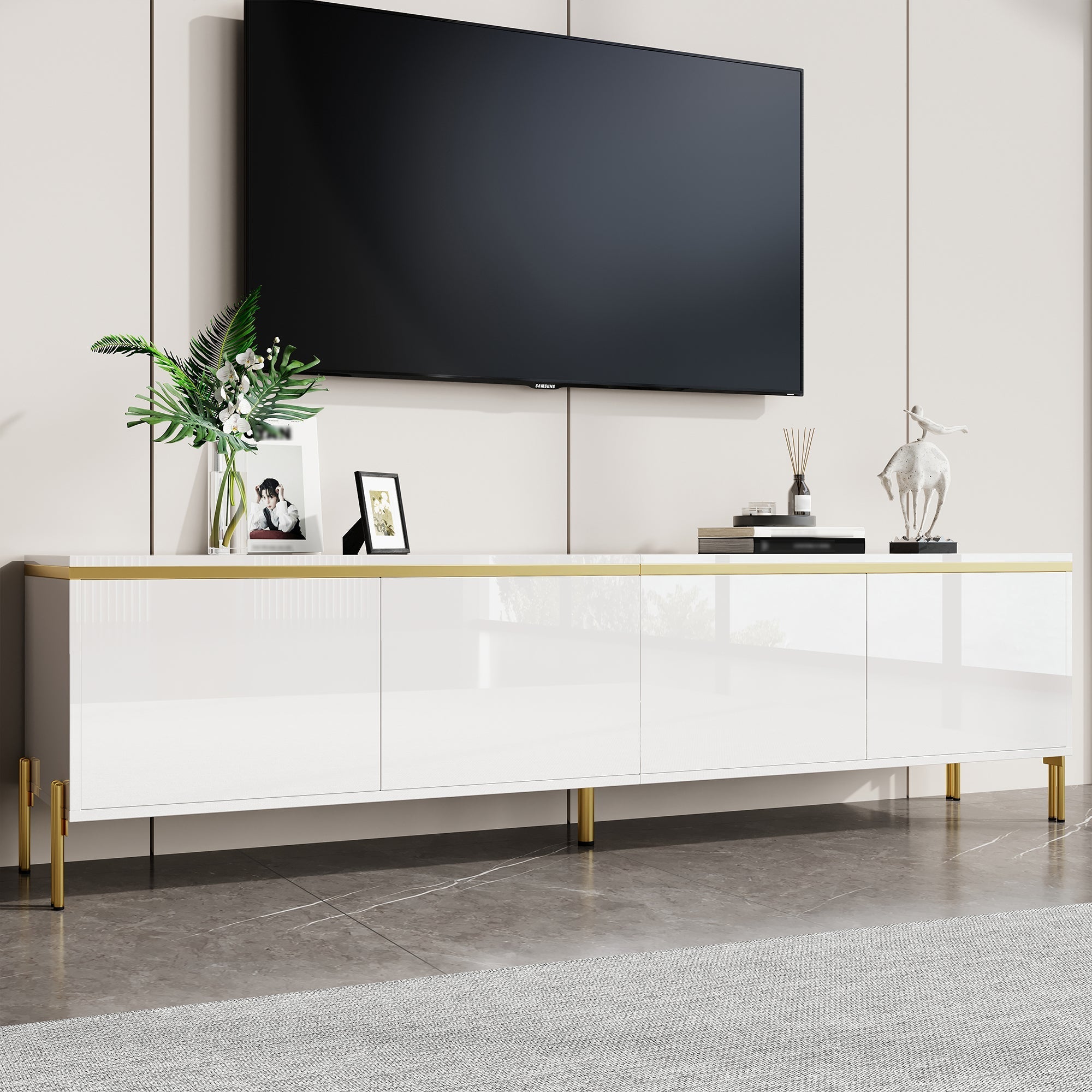 TV Stand Modern High-Gloss with 4 Cabinet Doors and Storage, Gold Edge Banding
