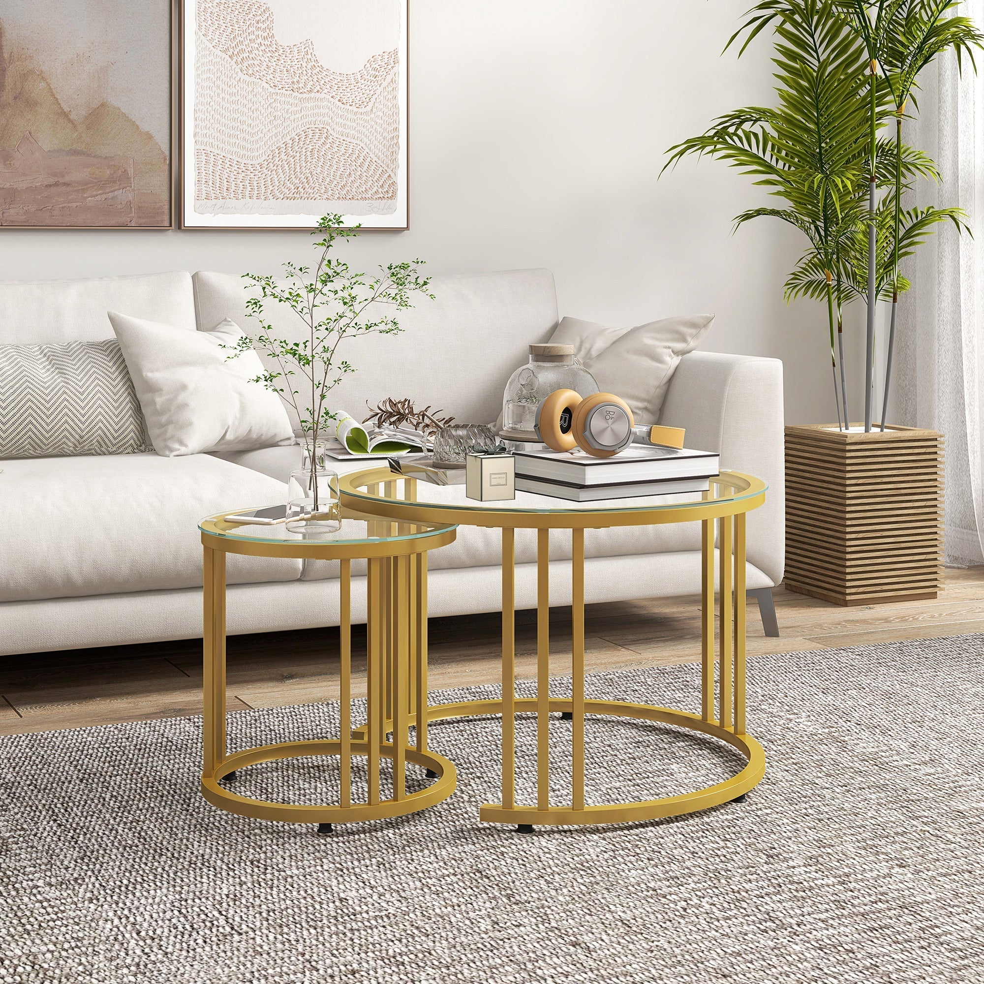 Round Coffee Tables Set of 2, Nesting Tempered Glass Top Steel Frame, Gold Tone