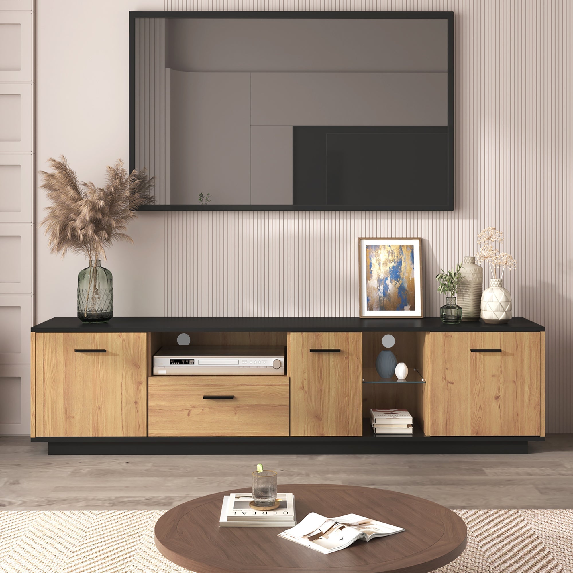 TV Cabinet 1 Drawer 3 Doors Glass Compartments Fine Texture 16 LED Lights, Black/Natural Wood