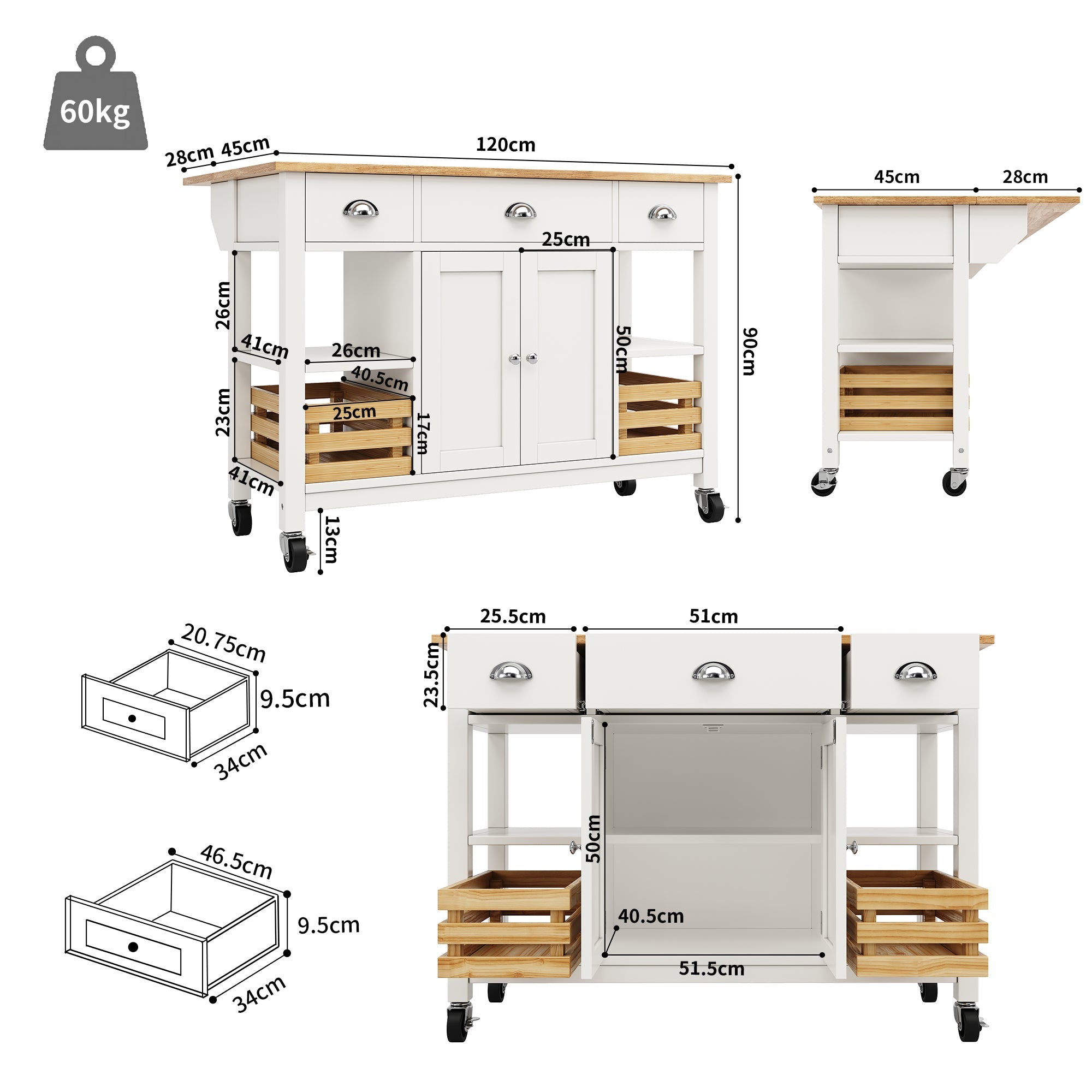 Rolling Kitchen Island Storage Trolley with Large Cabinet, 3 Drawers, Spice Rack & Adjustable Shelf, White