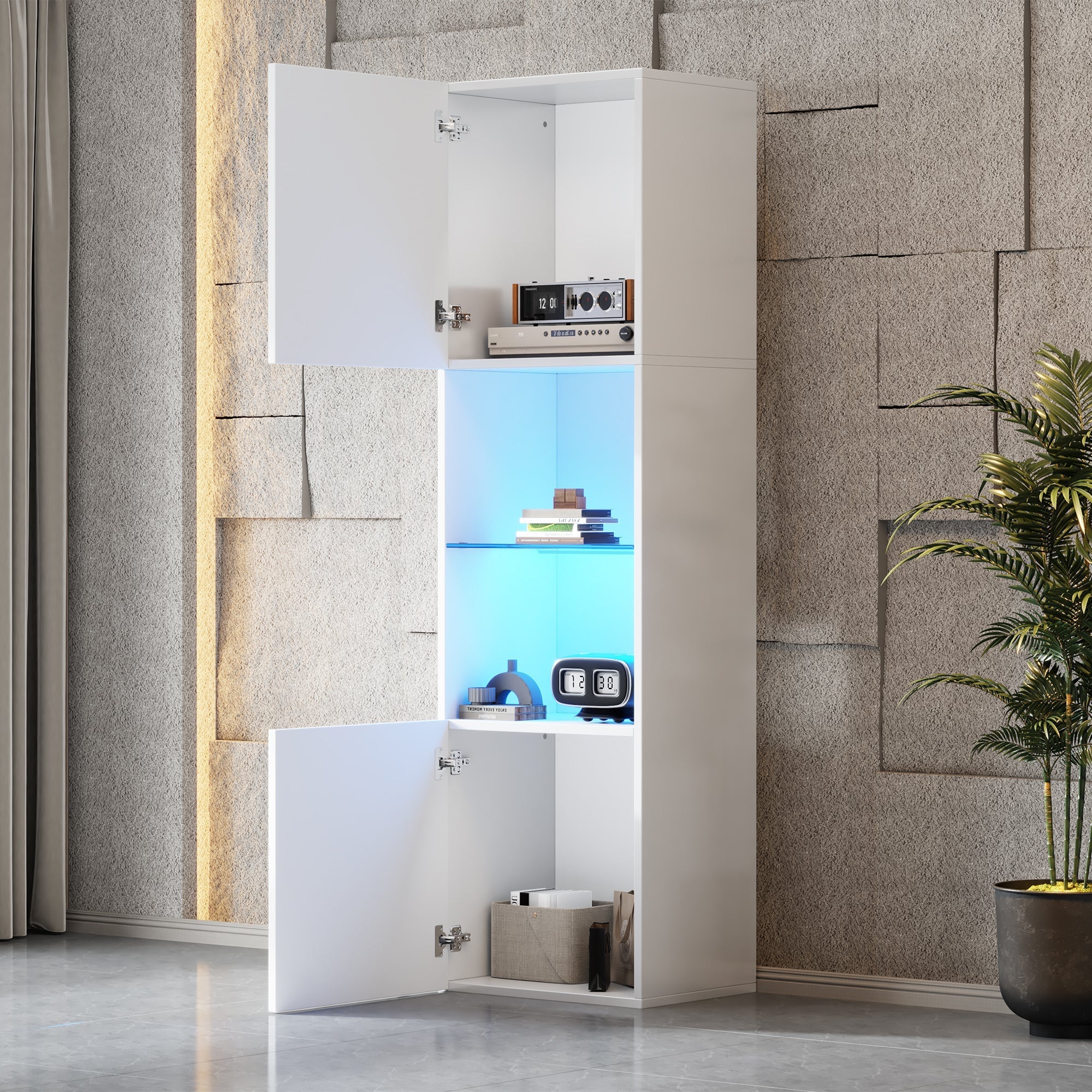 Display Cabinet with LED Lighting, 1 Glass Shelf, 45x35x160 cm, High-Gloss White
