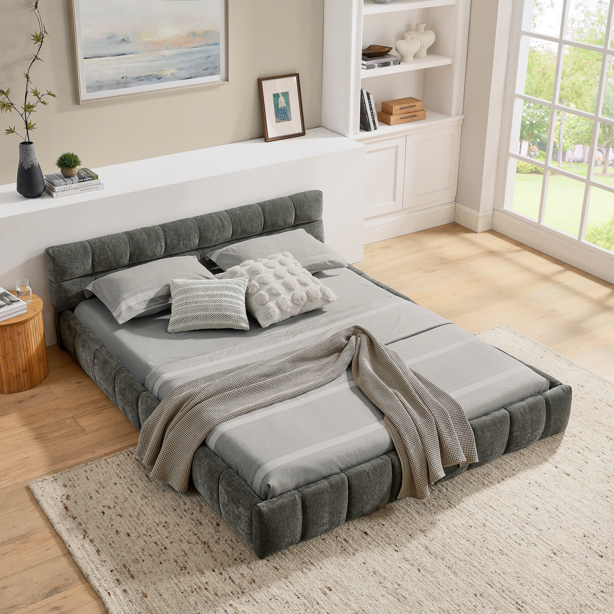 Double Bed 140x200cm Quilted Chenille Cover Sturdy Frame, Dark Grey