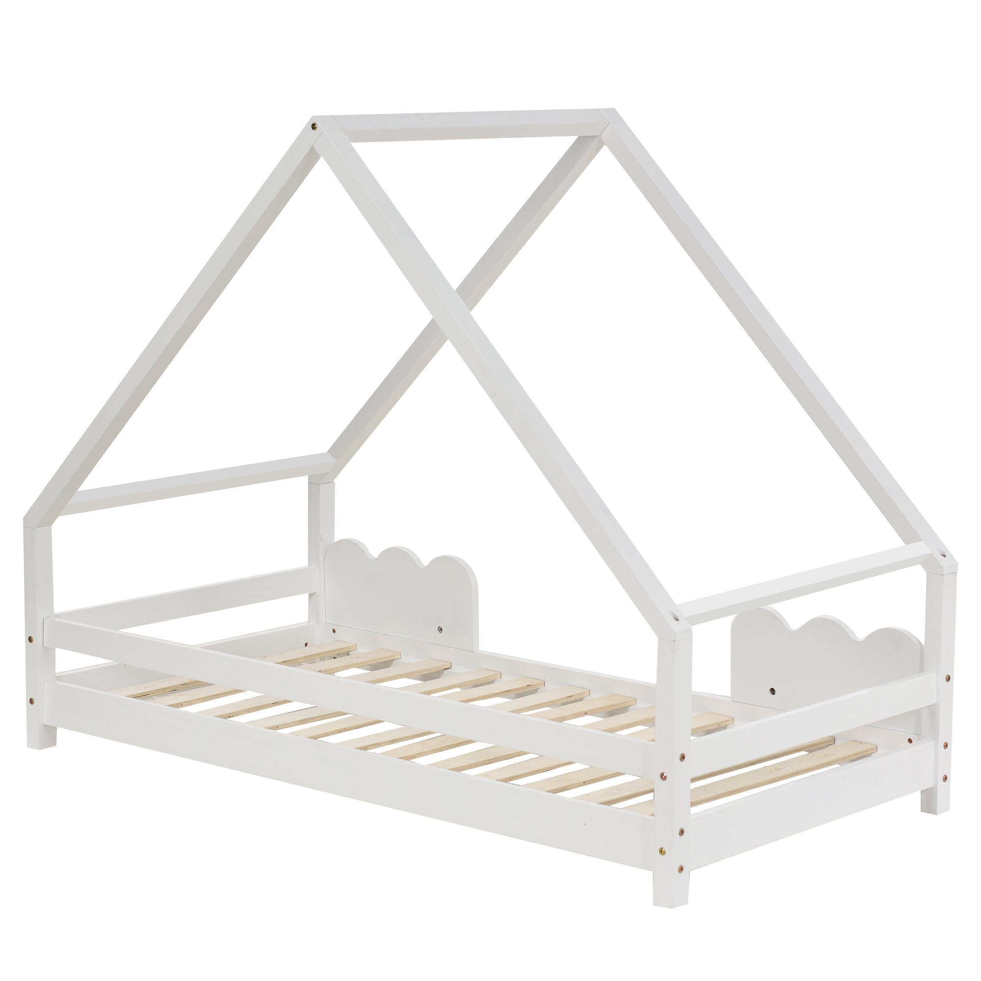 Children's House Bed 90x200cm with Fall Protection, Solid Pine Wood, White