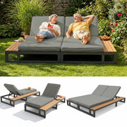 Outdoor Patio Daybed with Adjustable Backrest and Side Shelves, Waterproof Double Lounger, Gray