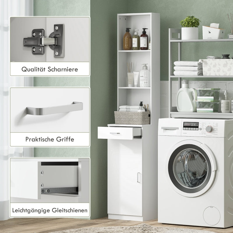 Hoher Badezimmerschrank, Schubladentür, verstellbare Einlegeböden, Weiß