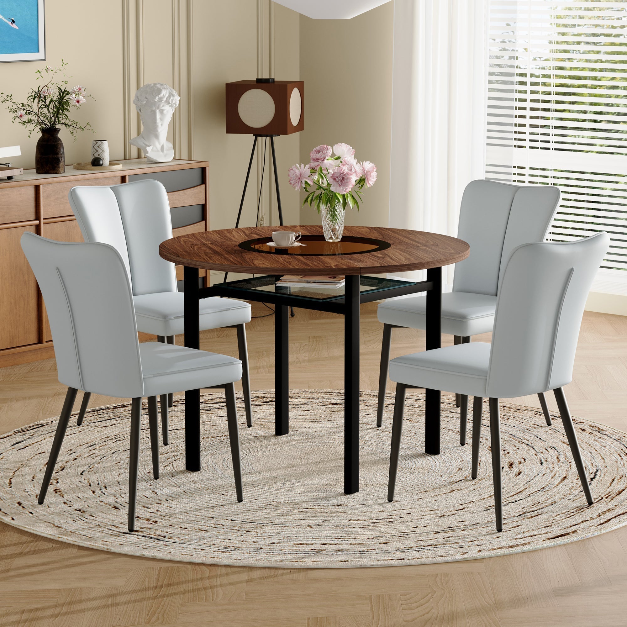 Round Dining Table Set 100cm with 4 PU Chairs - Wood Look/Light Grey