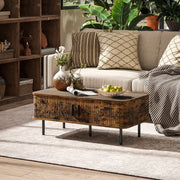 Coffee Table with Storage, Rectangular Slatted Sliding Doors, Rustic Brown