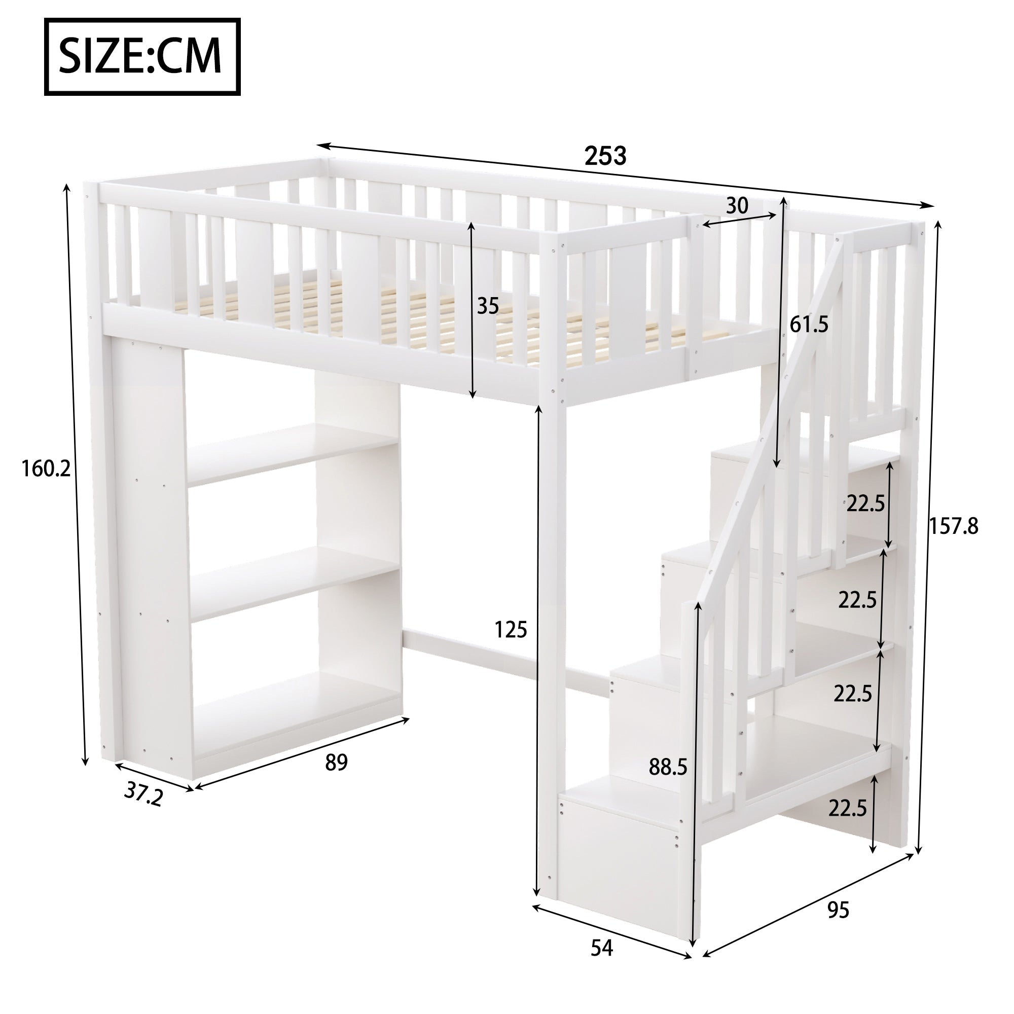 Loft Bed, 90x200cm with Storage Stairs, Functional Wooden Bed, White