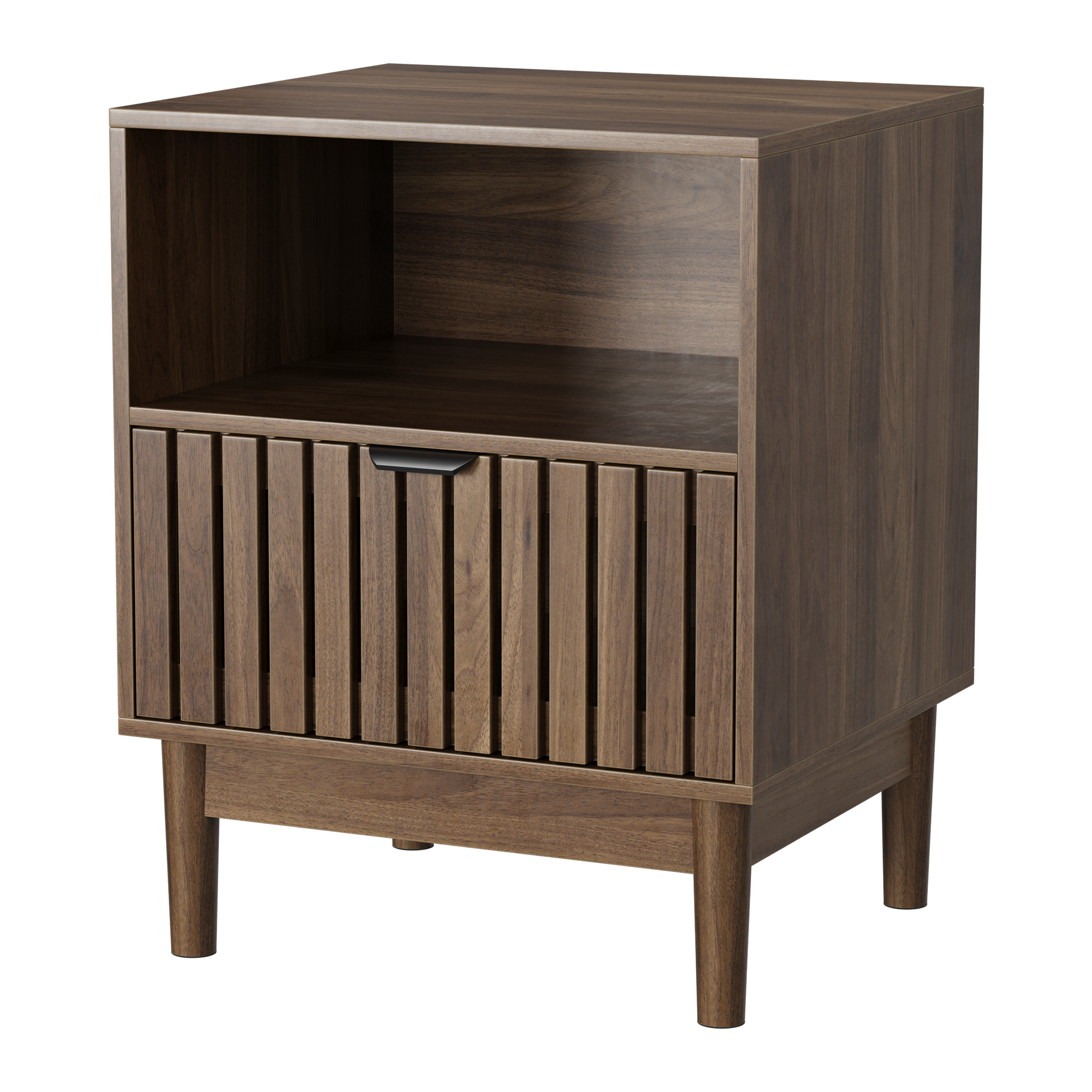Modern Nightstand with Slatted Base and Drawer, 45x39x56.5cm, Walnut Wood Color