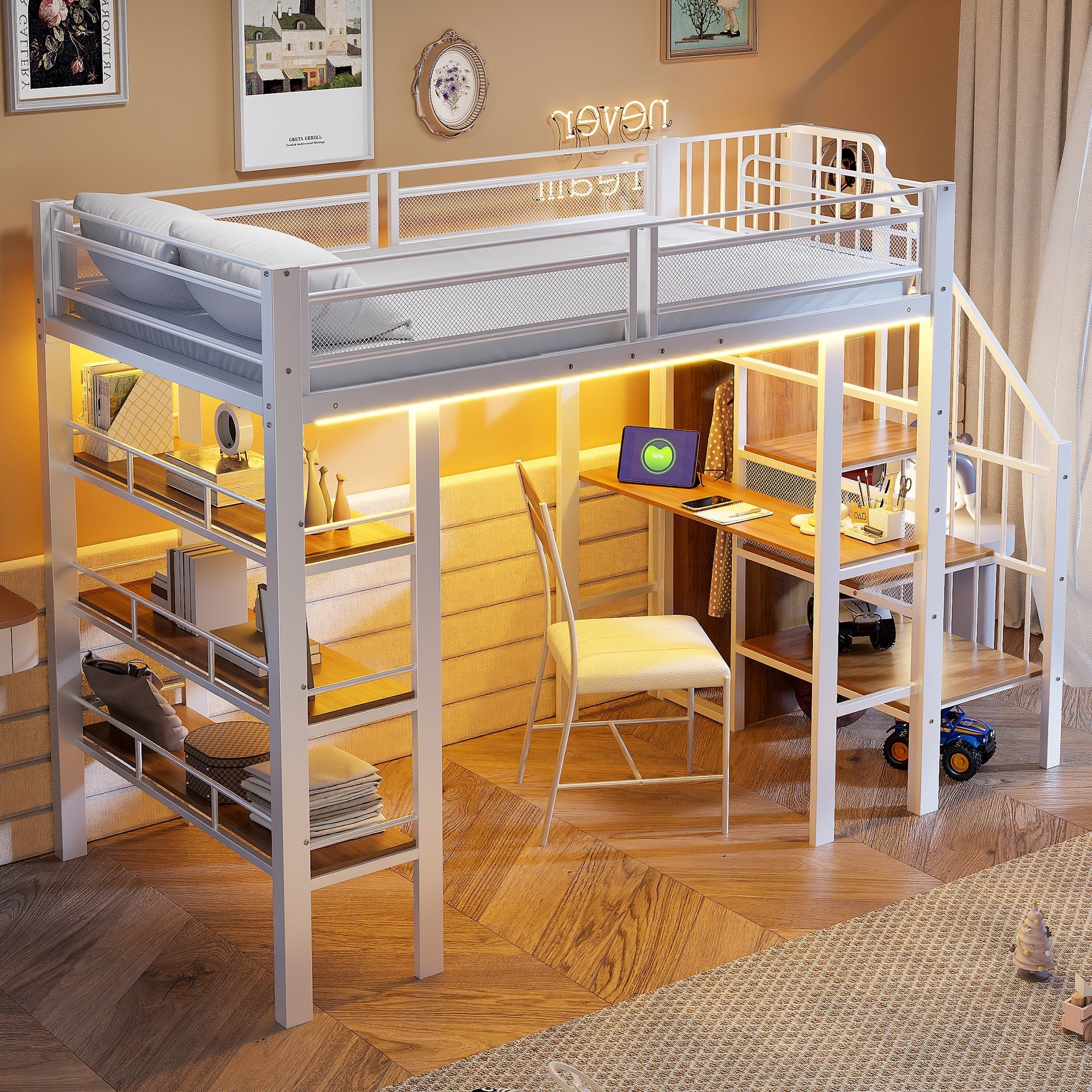 Loft Bed with LED Light Strip, Desk and Storage Shelves, White Metal