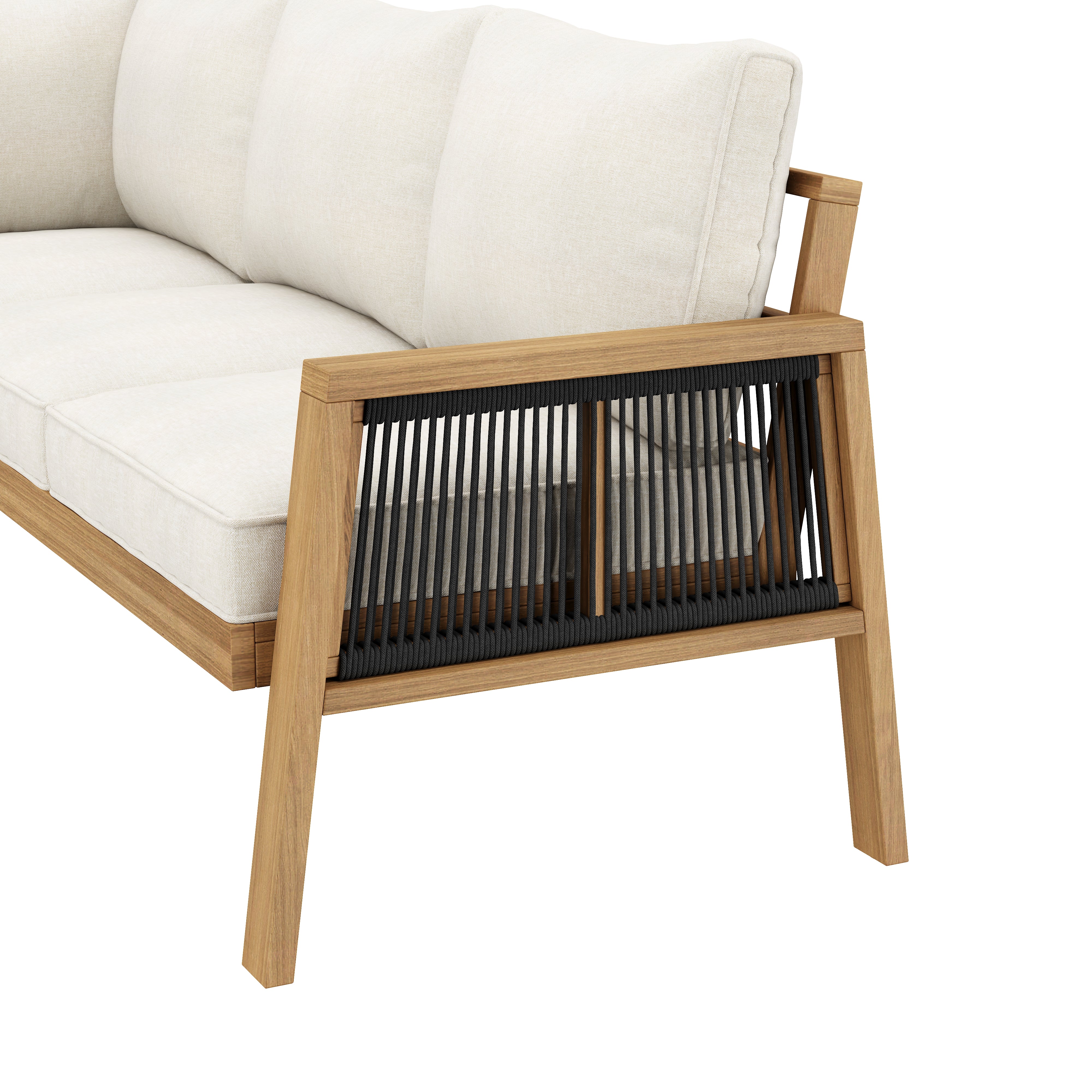 Garden Furniture Set with Corner Sofa and Coffee Table, Acacia Wood and Woven Rope, Natural and Cream