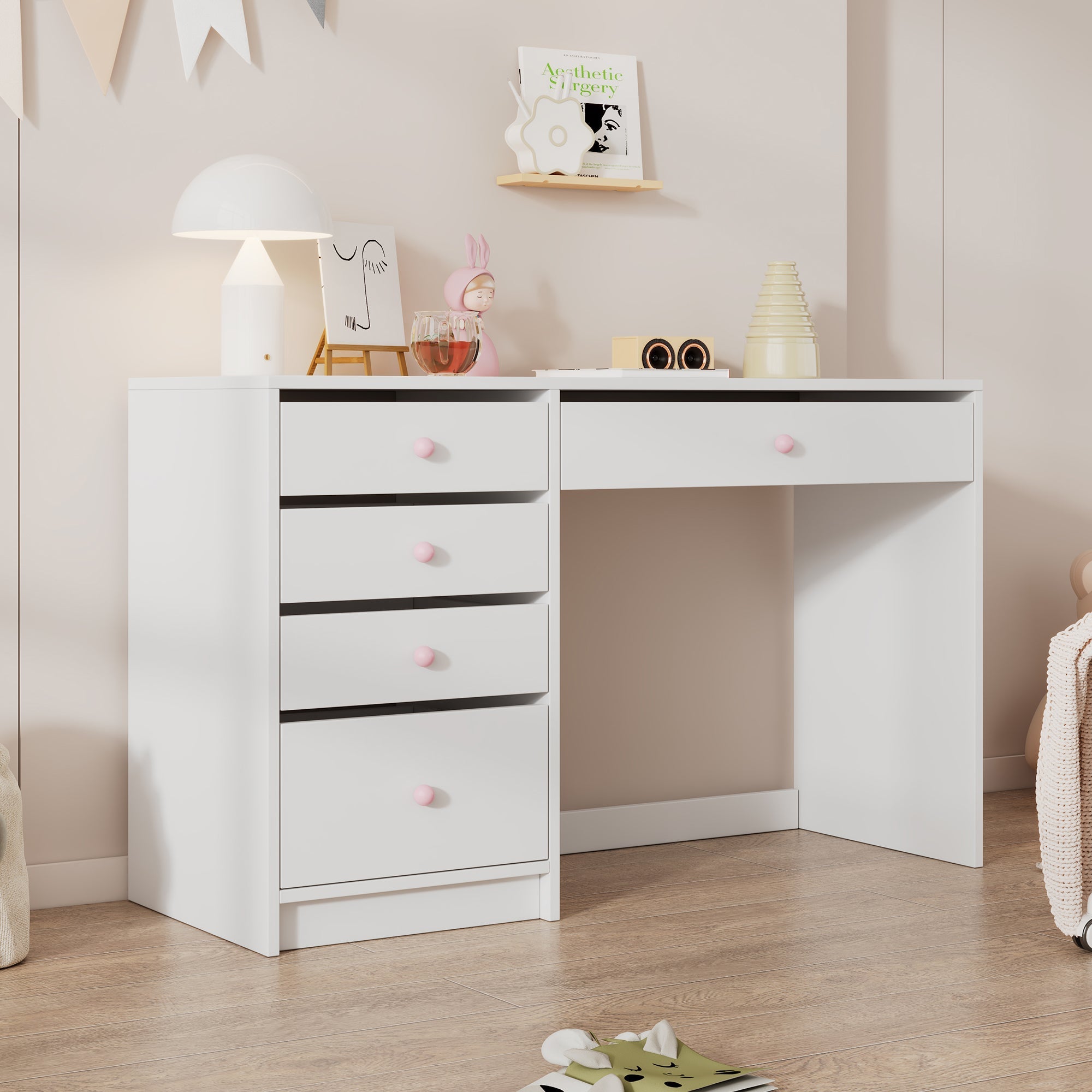 Desk Children's/Computer Dressing Table 5 Drawers Pink Ceramic Handles, White
