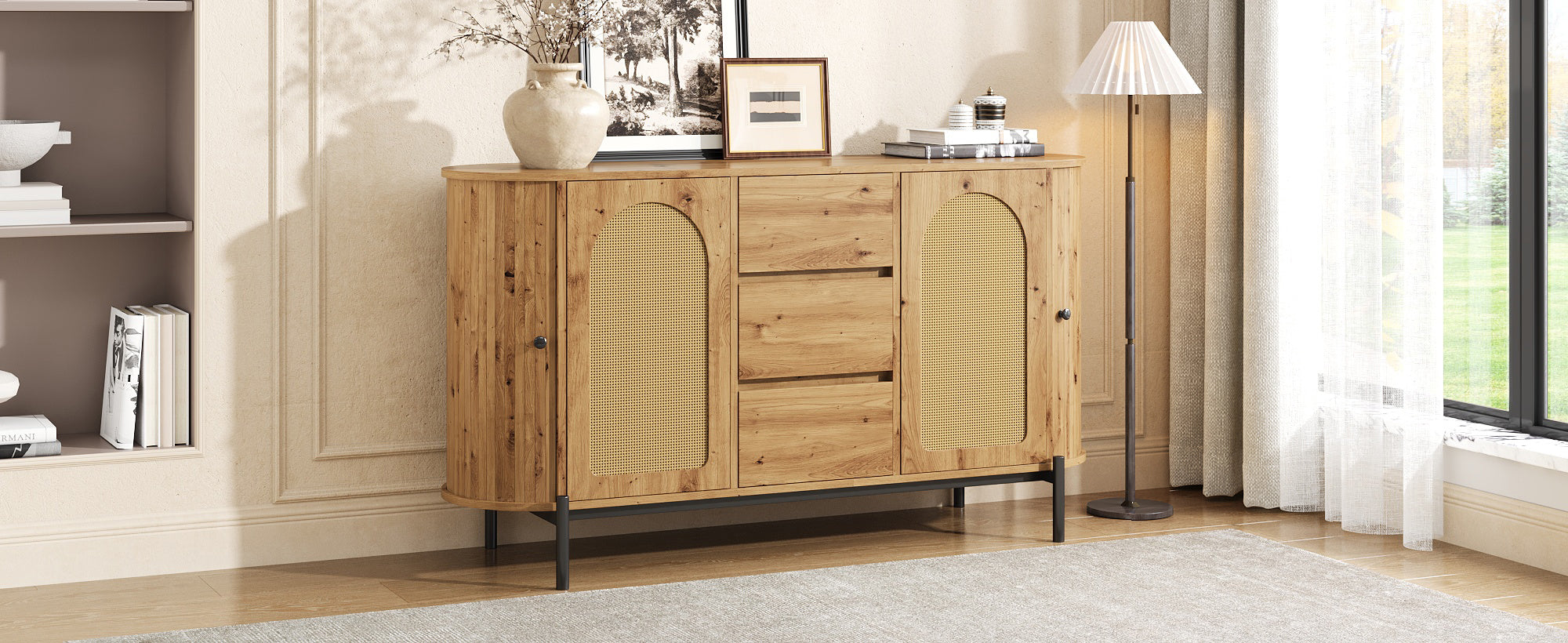 Oval Sideboard with Rattan Sliding Doors and Drawers, Adjustable Compartments and Metal Legs, Wood Look