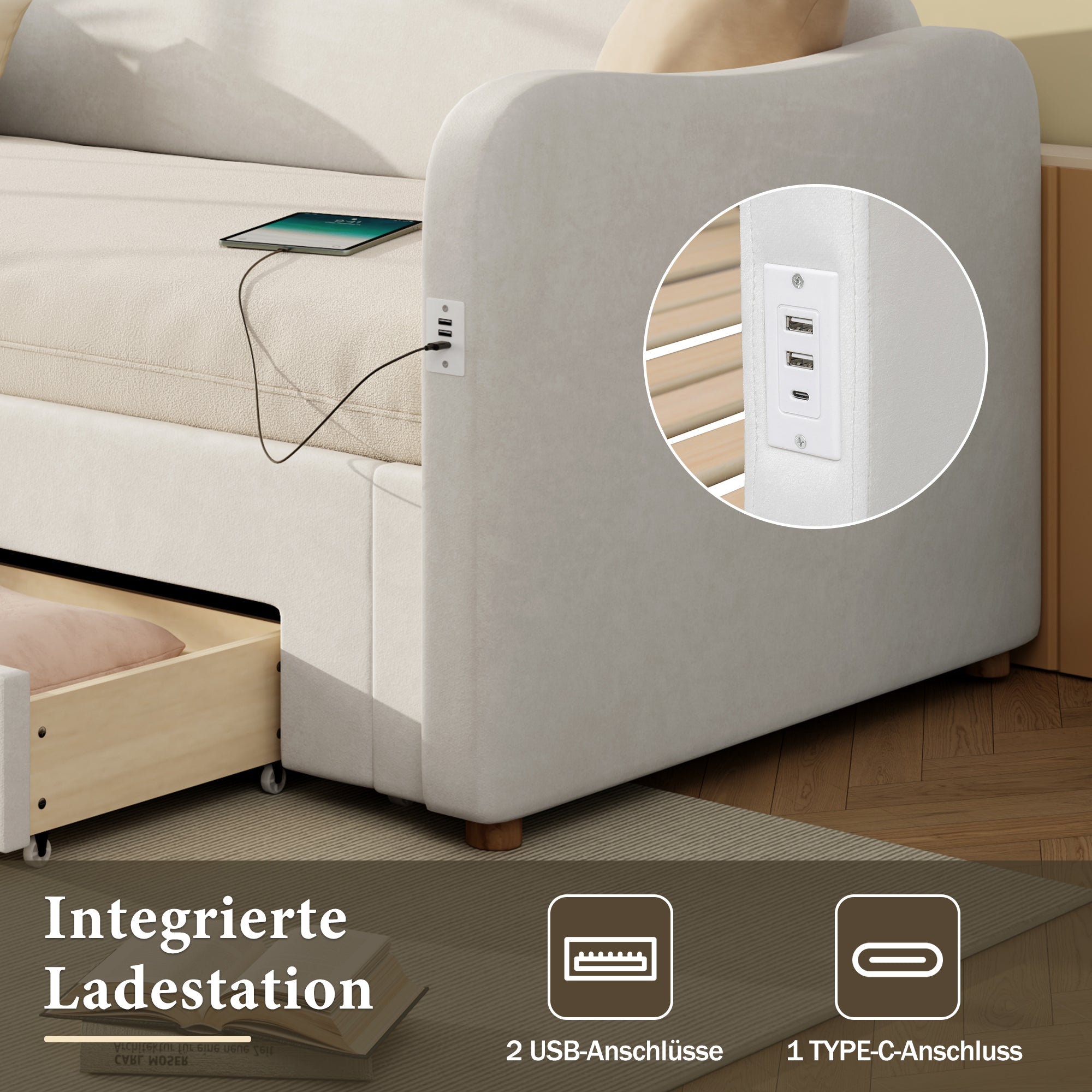 Upholstered Daybed with 2 Drawers, USB Port, 90x200cm Extendable to 180cm, Beige Velvet