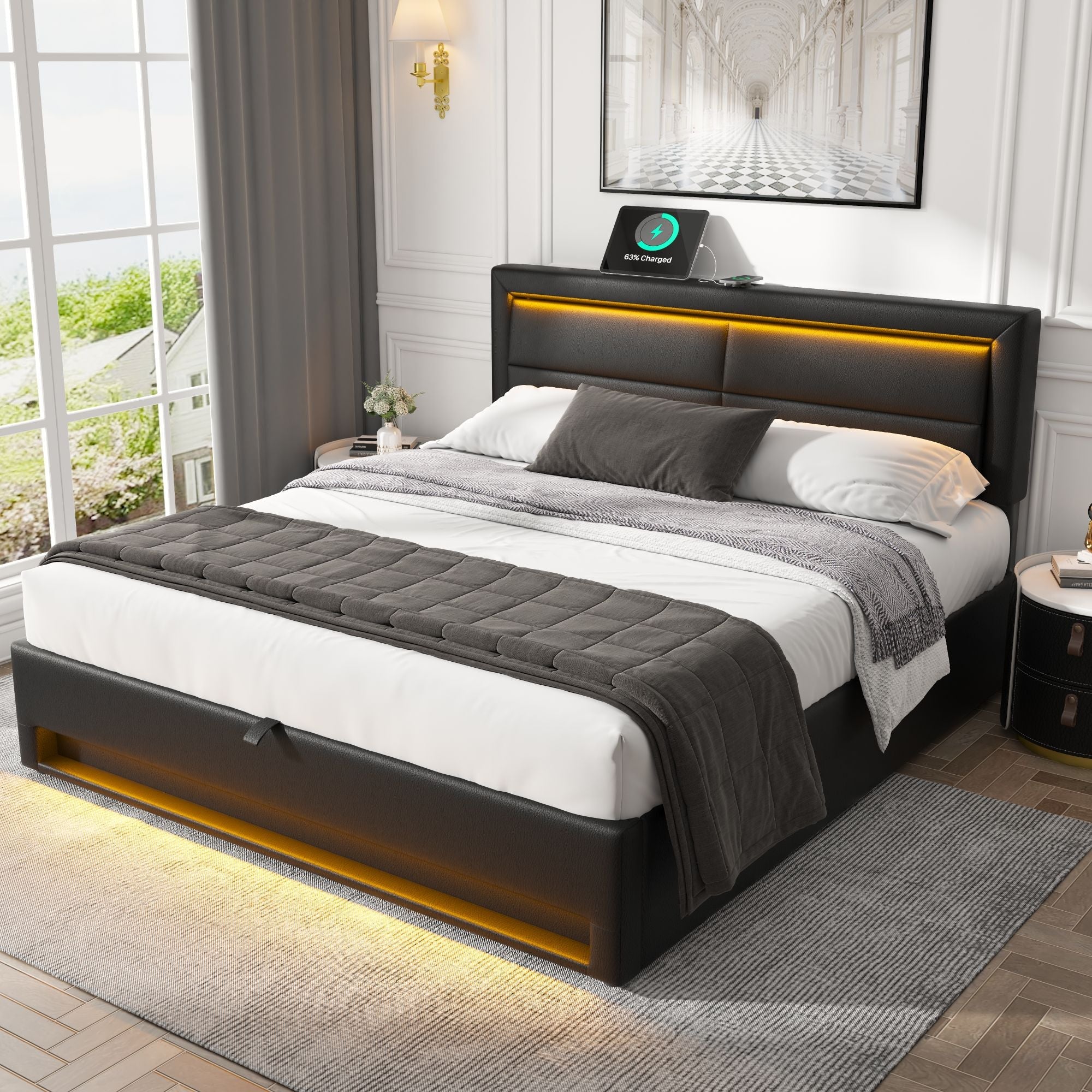 Upholstered Bed with USB Port, LED Lighting and Storage, 140x190cm, Black PU Leather