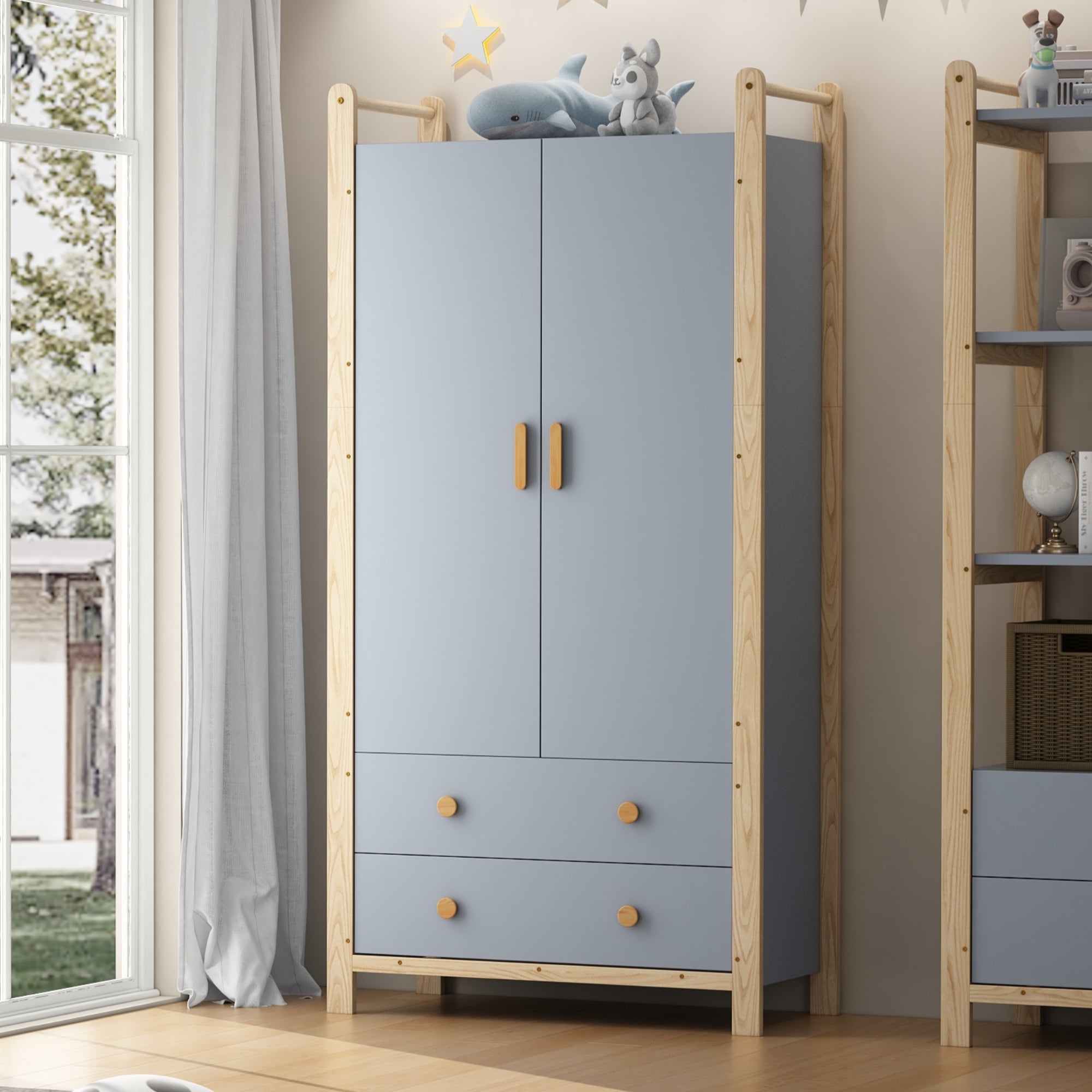 Wardrobe 2-Door with Clothes Rail and 2 Drawers, Blue Chipboard + Pine Frame