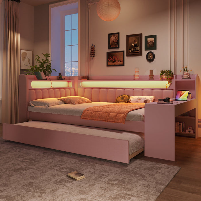 Upholstered Daybed with USB Ports, LED, Pull-out Bed and Desk, 140x200, Pink