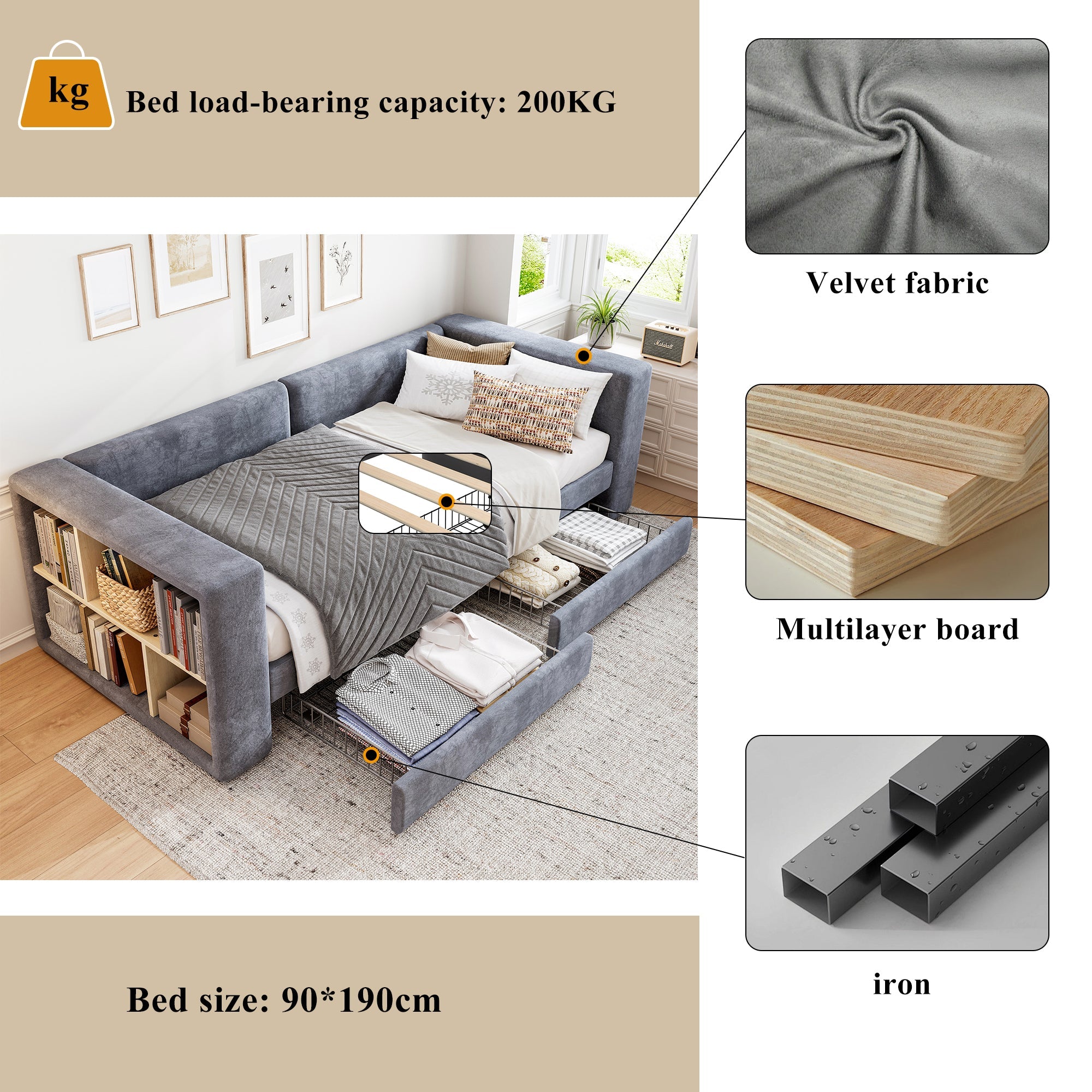 Upholstered Bed, 3FT Single 90x190cm Daybed with Storage, Velvet Grey