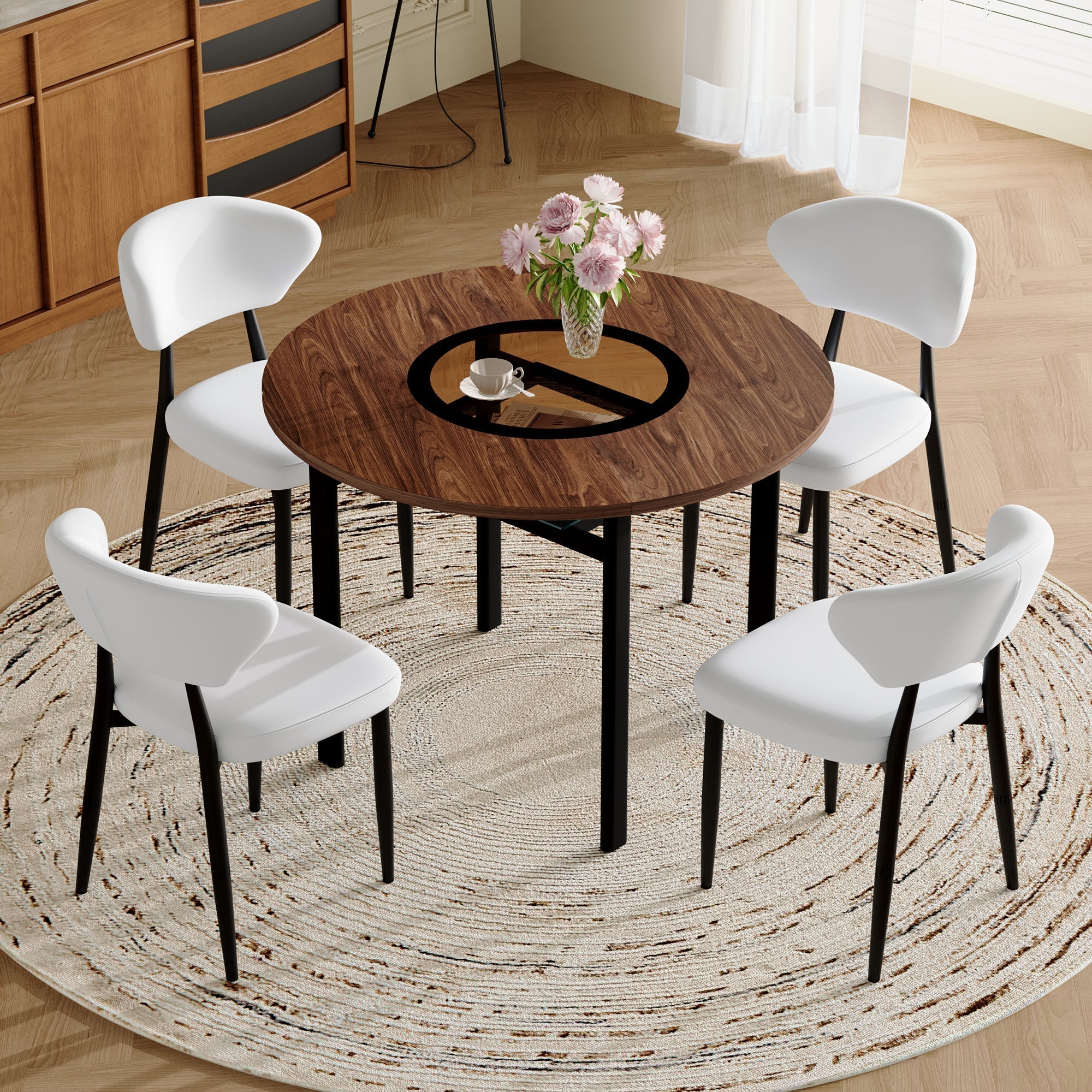 Round Table Set 4 Armchairs 100cm Wood Look - White PU