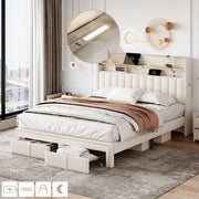 4ft6 Double Upholstered Storage Bed with Charging & Lighting, Linen, Beige