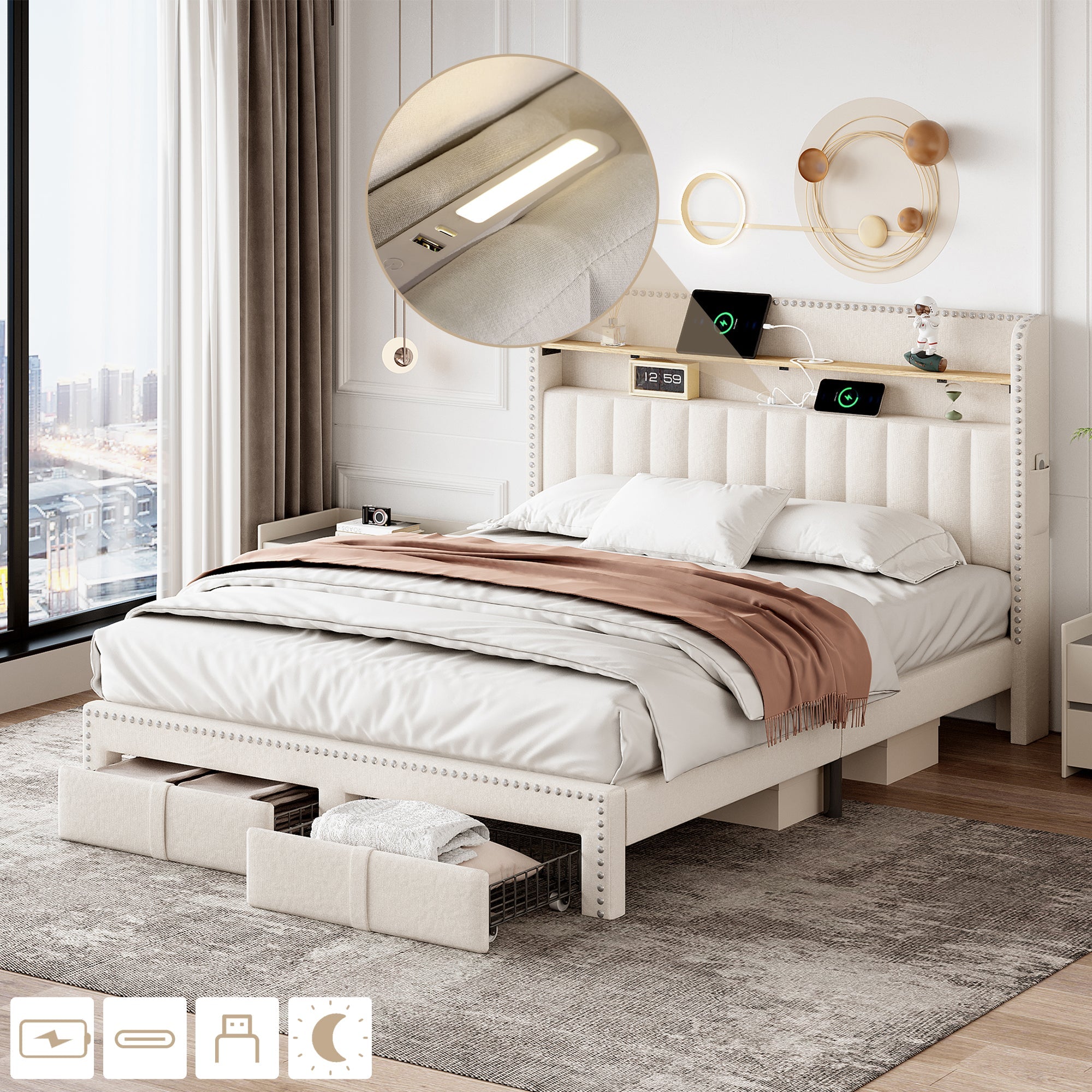 4ft6 Double Upholstered Storage Bed with Charging & Lighting, Linen, Beige