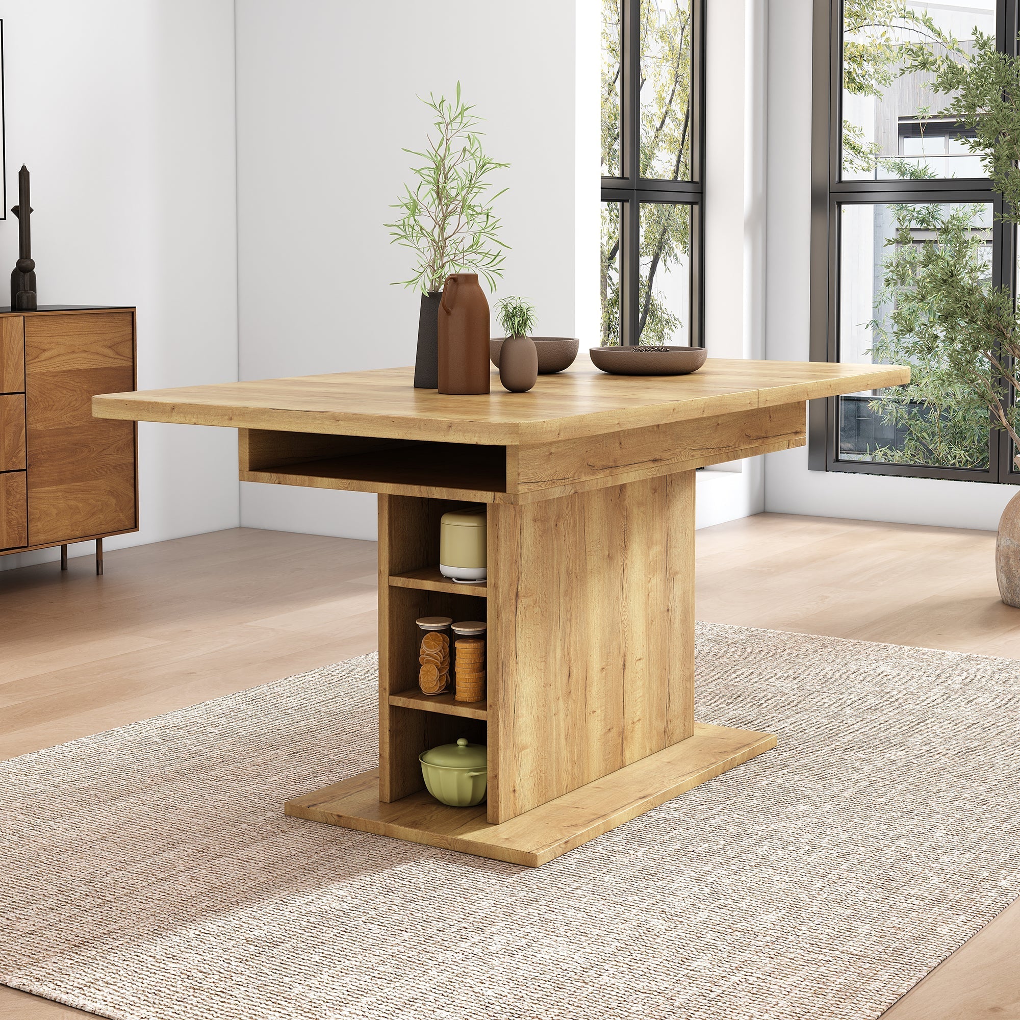 Extendable Dining Table Rectangular L110/130xW70xH75 with Storage Space-Saving Iron Frame - Natural