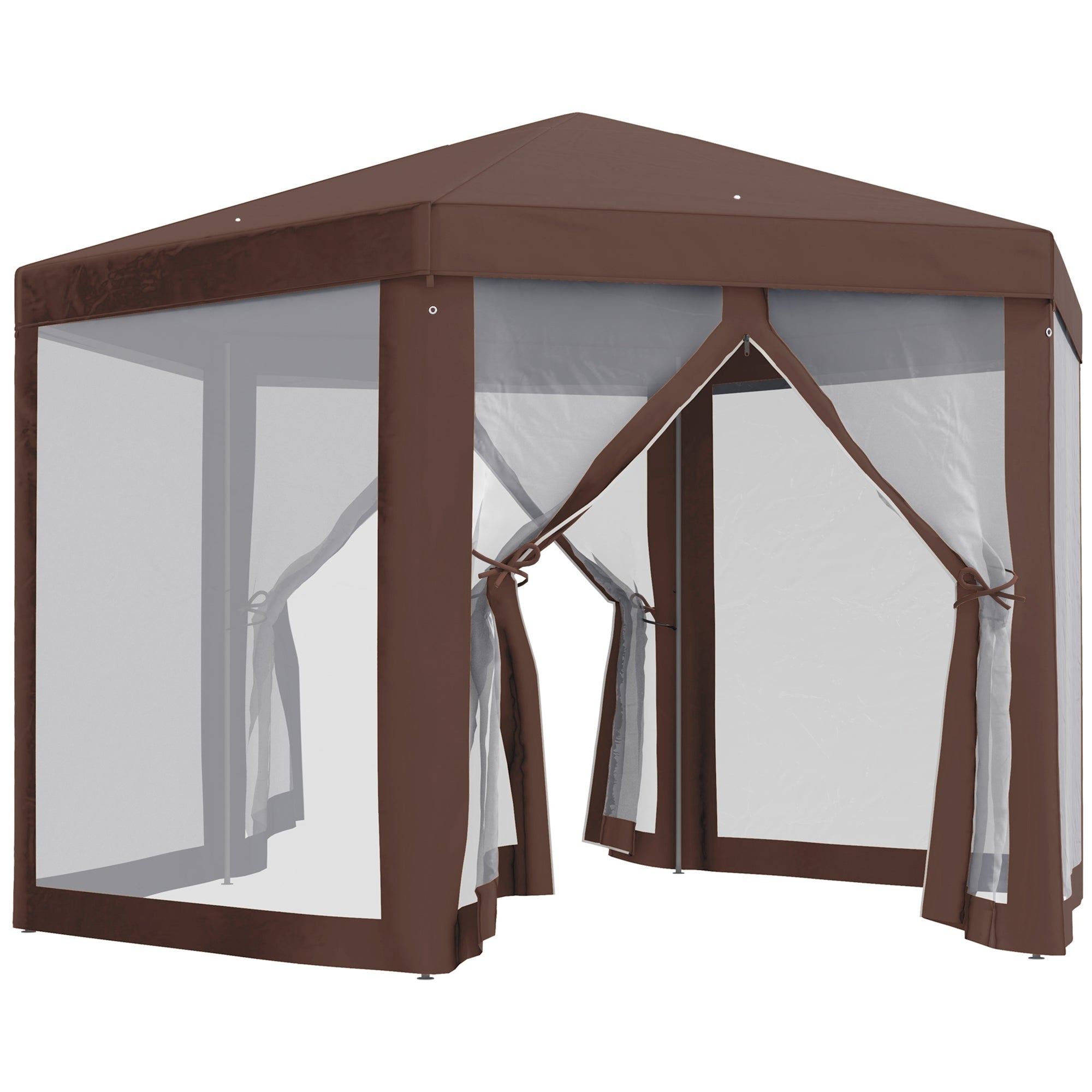 Hexagonal Garden Gazebo Canopy Tent with Mosquito Netting and Zipped Door, Brown