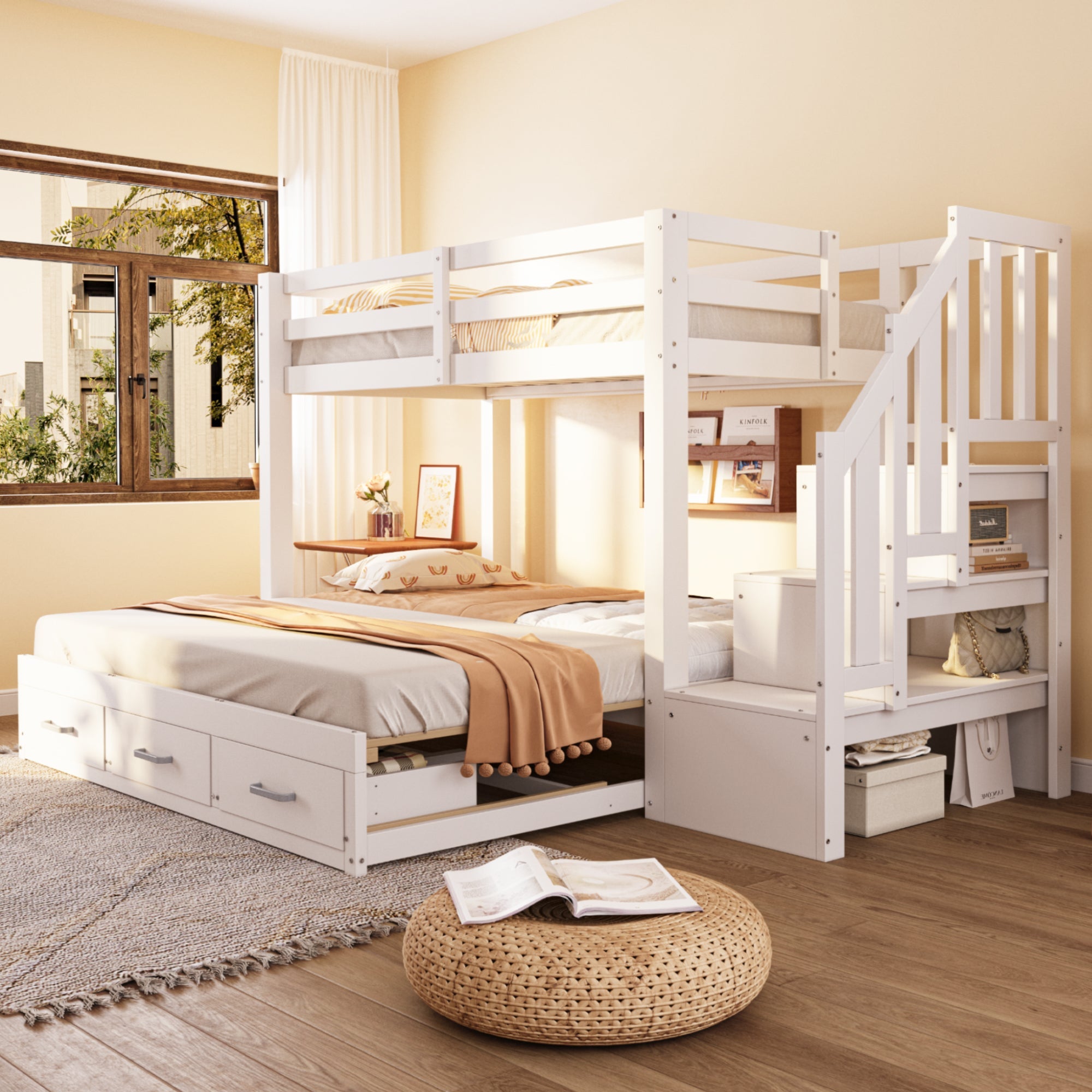 Bunk Bed with Pull-out Bed, Storage Ladder and Drawers, 90x200cm, White Wood
