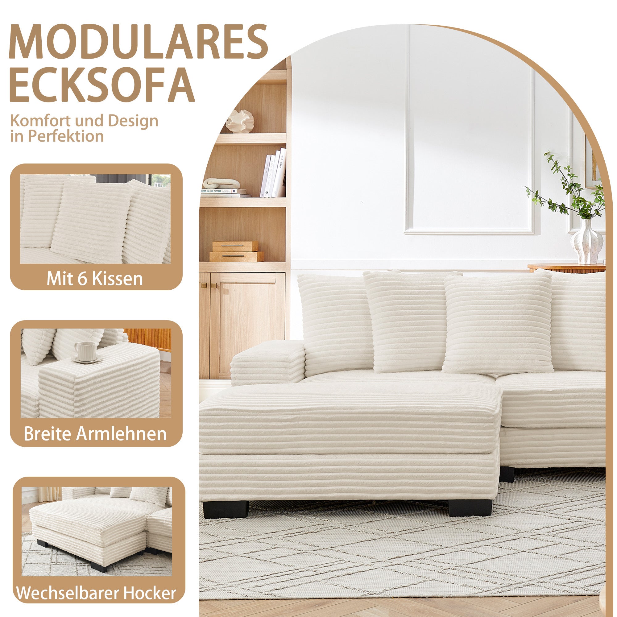 L-shaped Corner Sofa, 4-Seater Modular with 6 Cushions, Beige Corduroy