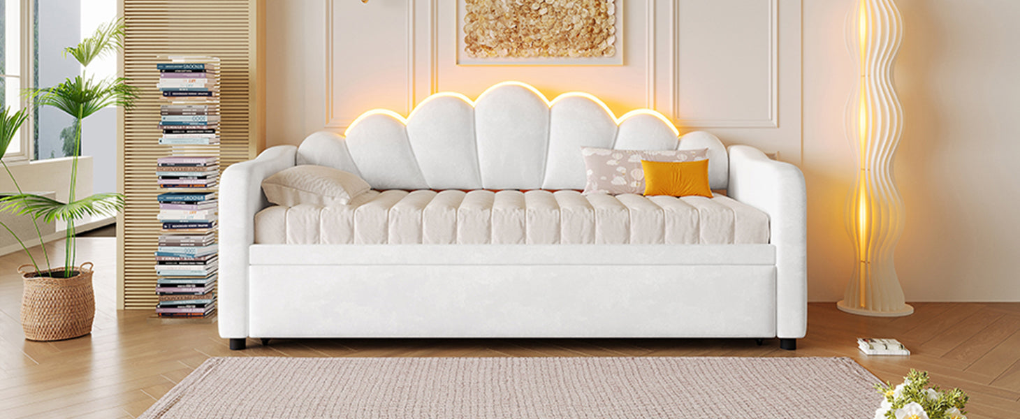 Upholstered Daybed with Pull-out Function and LED Lighting, 90x200cm, White
