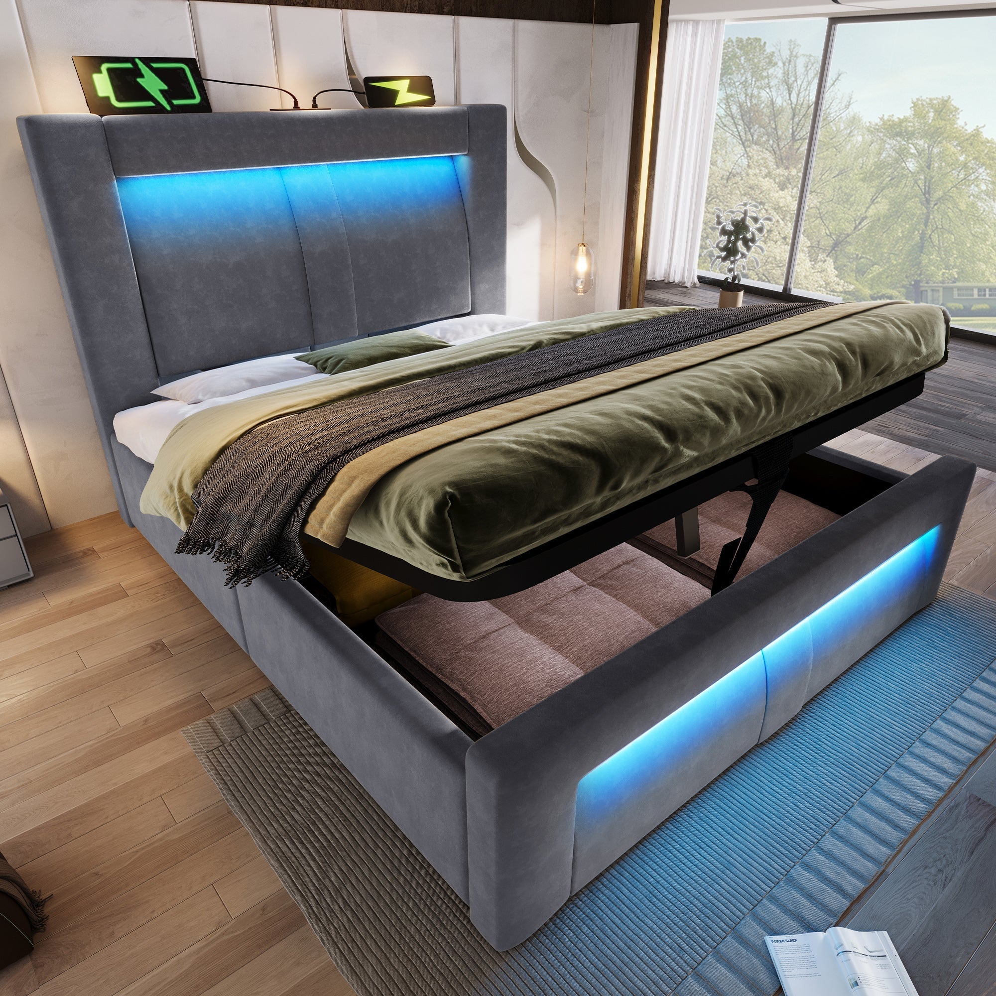 Single Hydraulic Bed 90x200 cm with LED, Storage, Charging Ports and Mattress, Grey Velvet