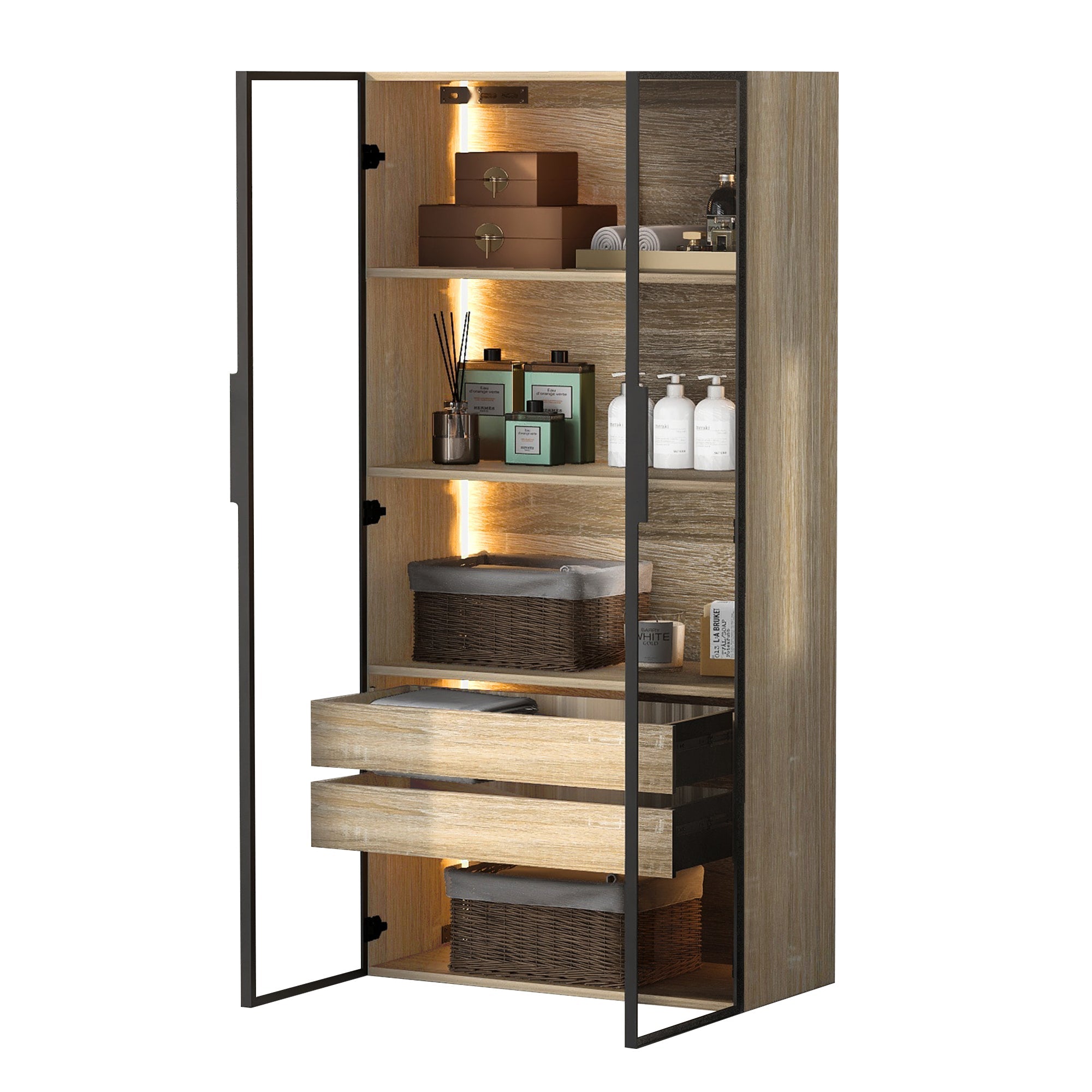 Bathroom Cabinet, 73cm, 2 Drawers & 2 Doors, Glass