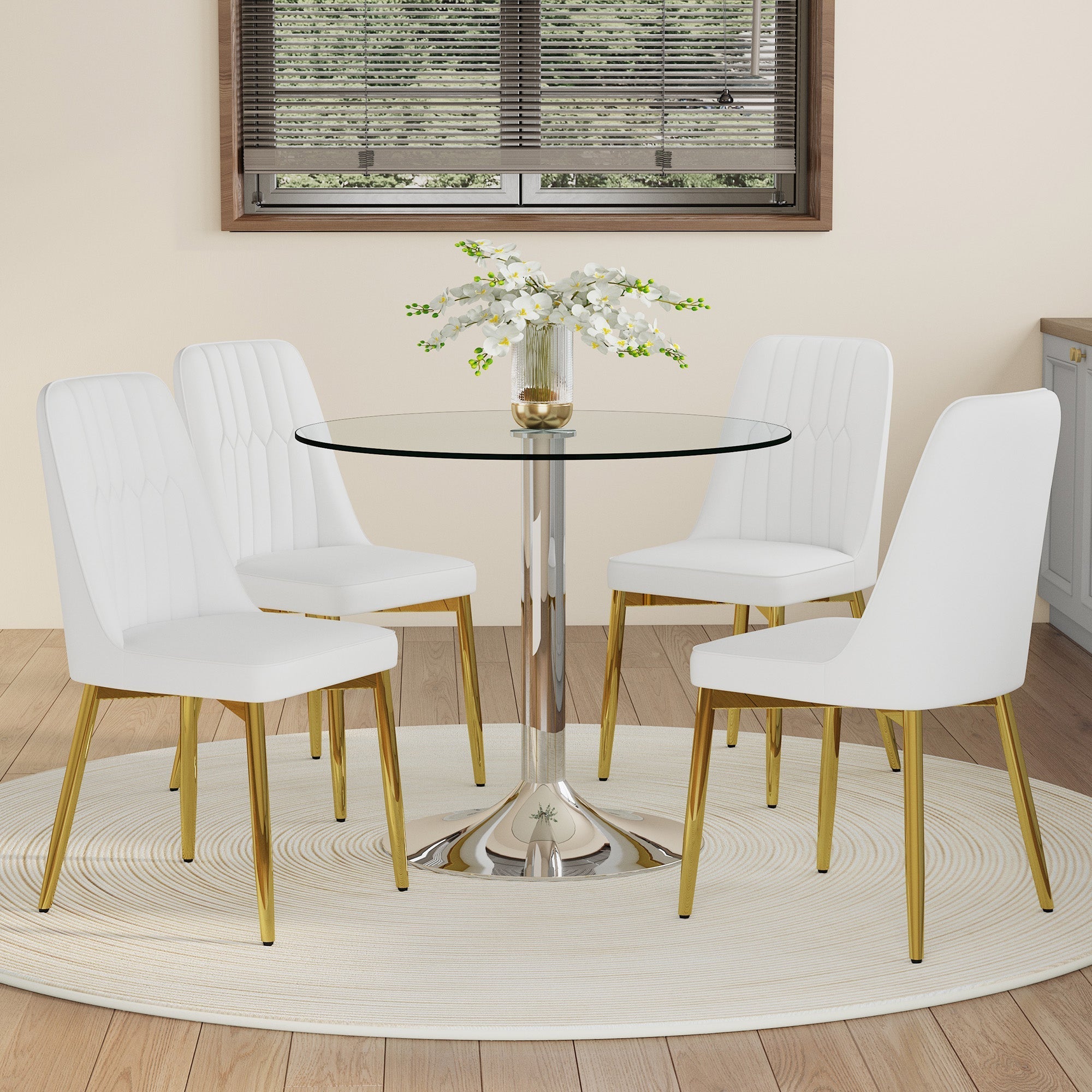 Dining Set Round Glass Table 85cm 4 PU Chairs Gold Legs - White