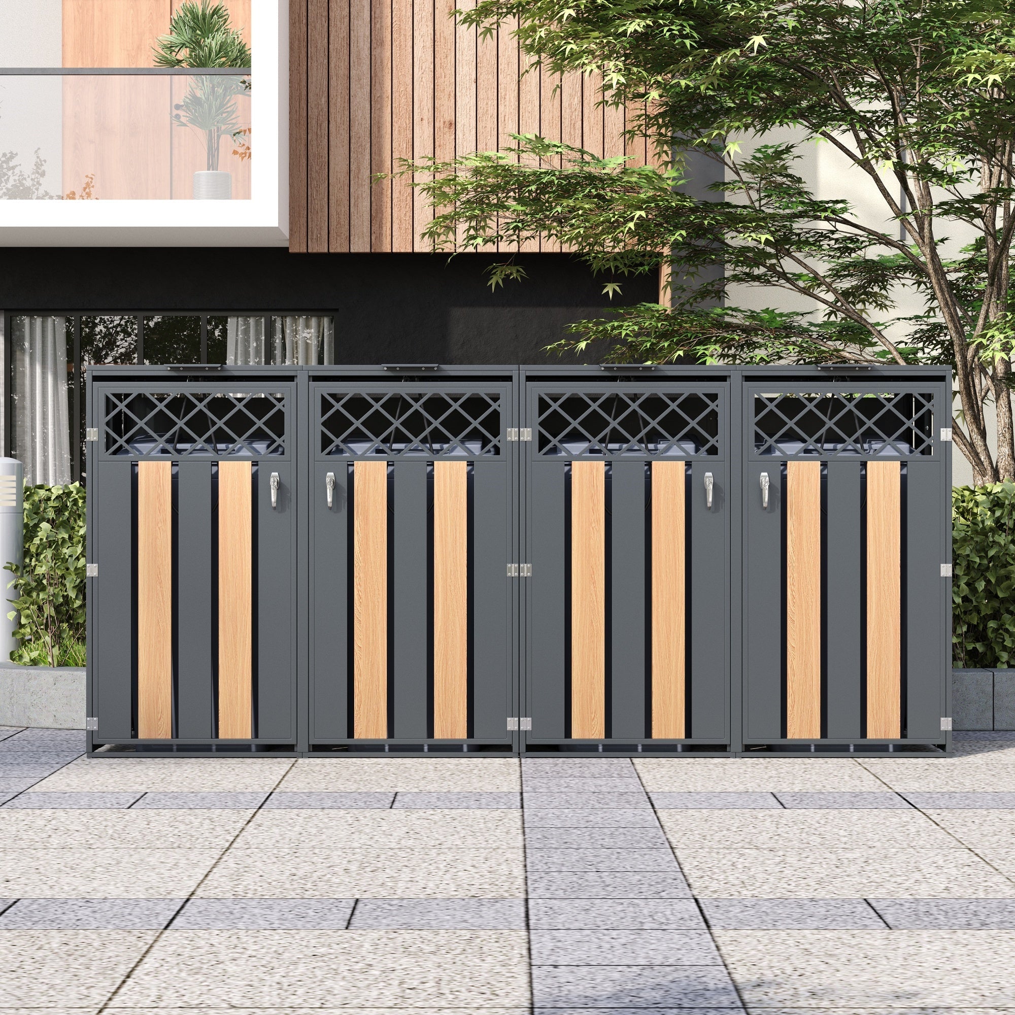 Garbage Can Storage Box with Hinged Lid and Lockable Double Doors, Metal
