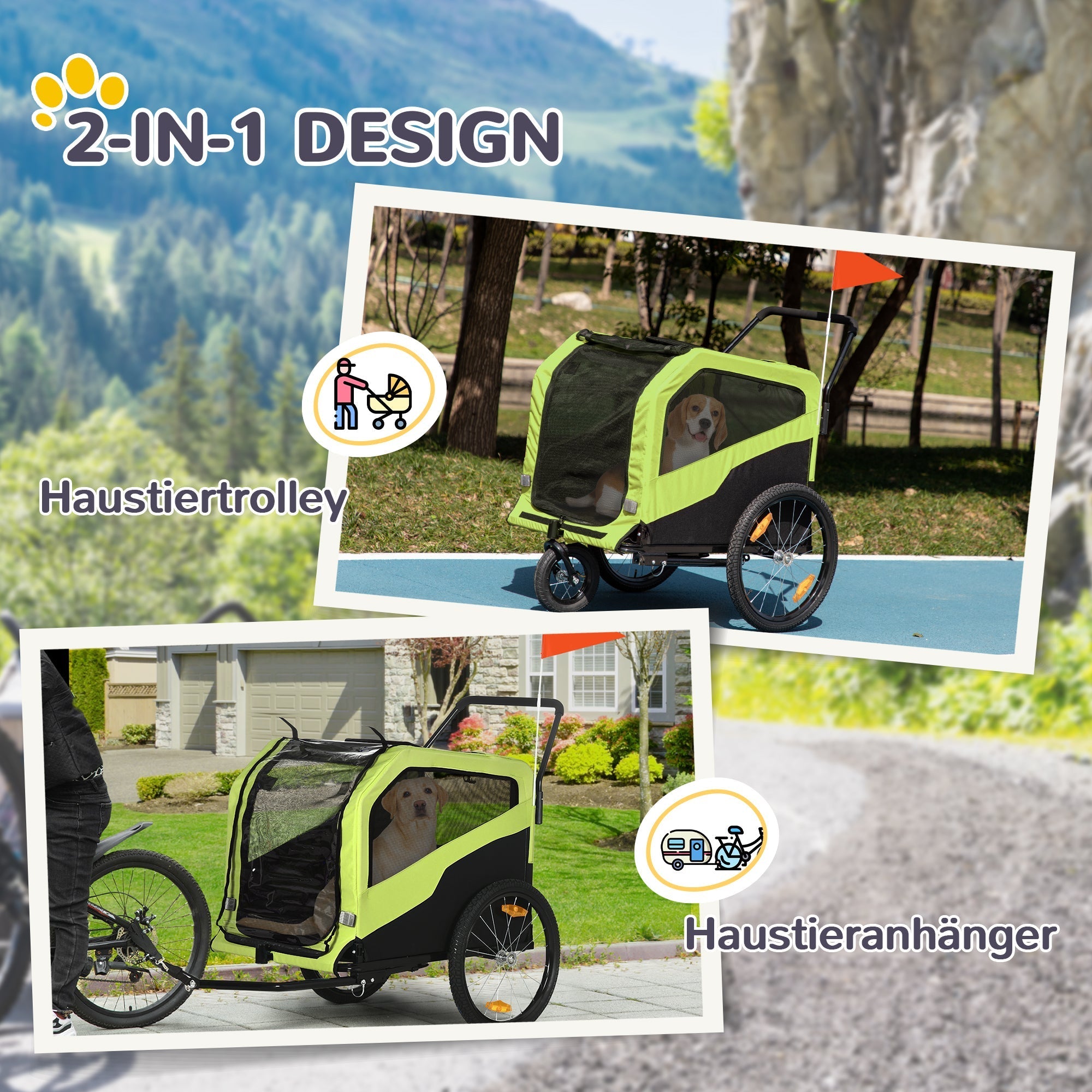 2-in-1 Dog Trailer/Stroller Bicycle Carrier Max 30kg, Oxford Fabric, Green