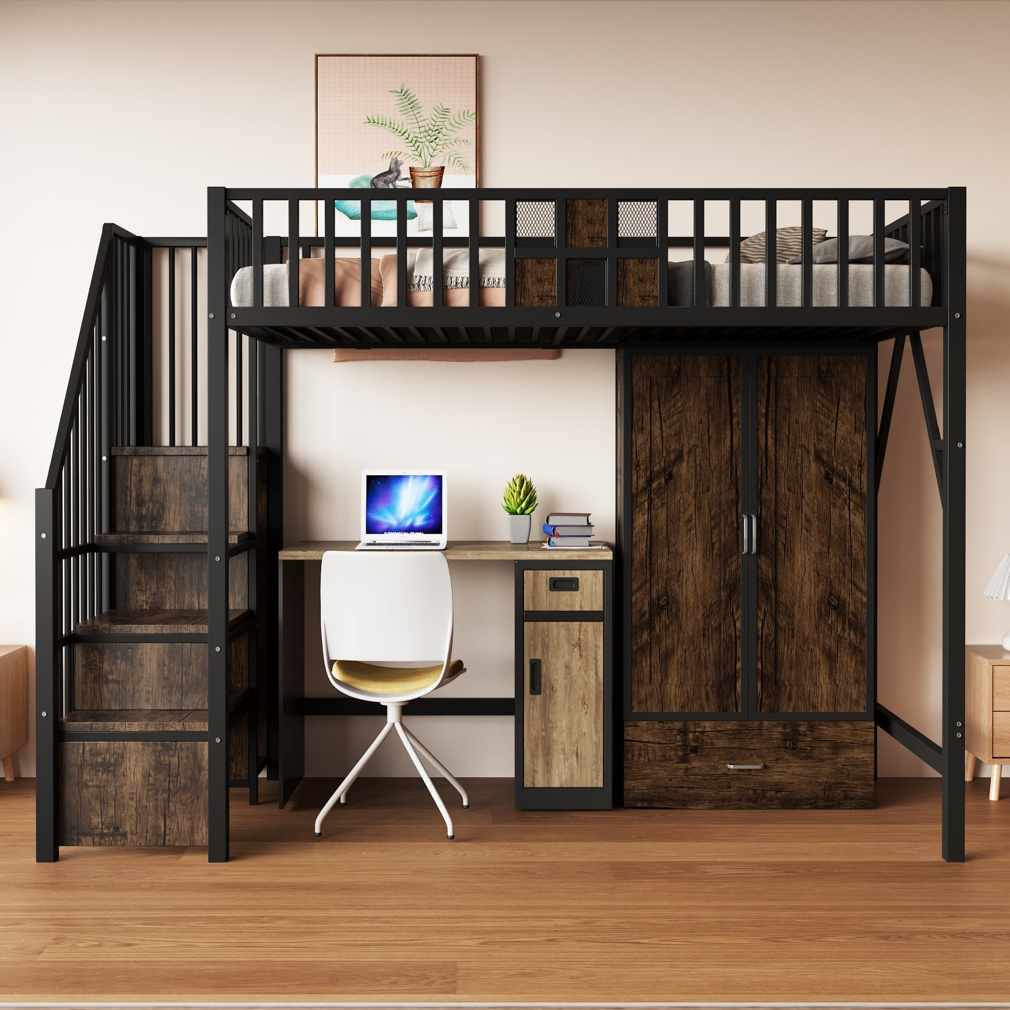 Metal Loft Bed 90x200cm Wardrobe Drawers Storage Ladder - Black