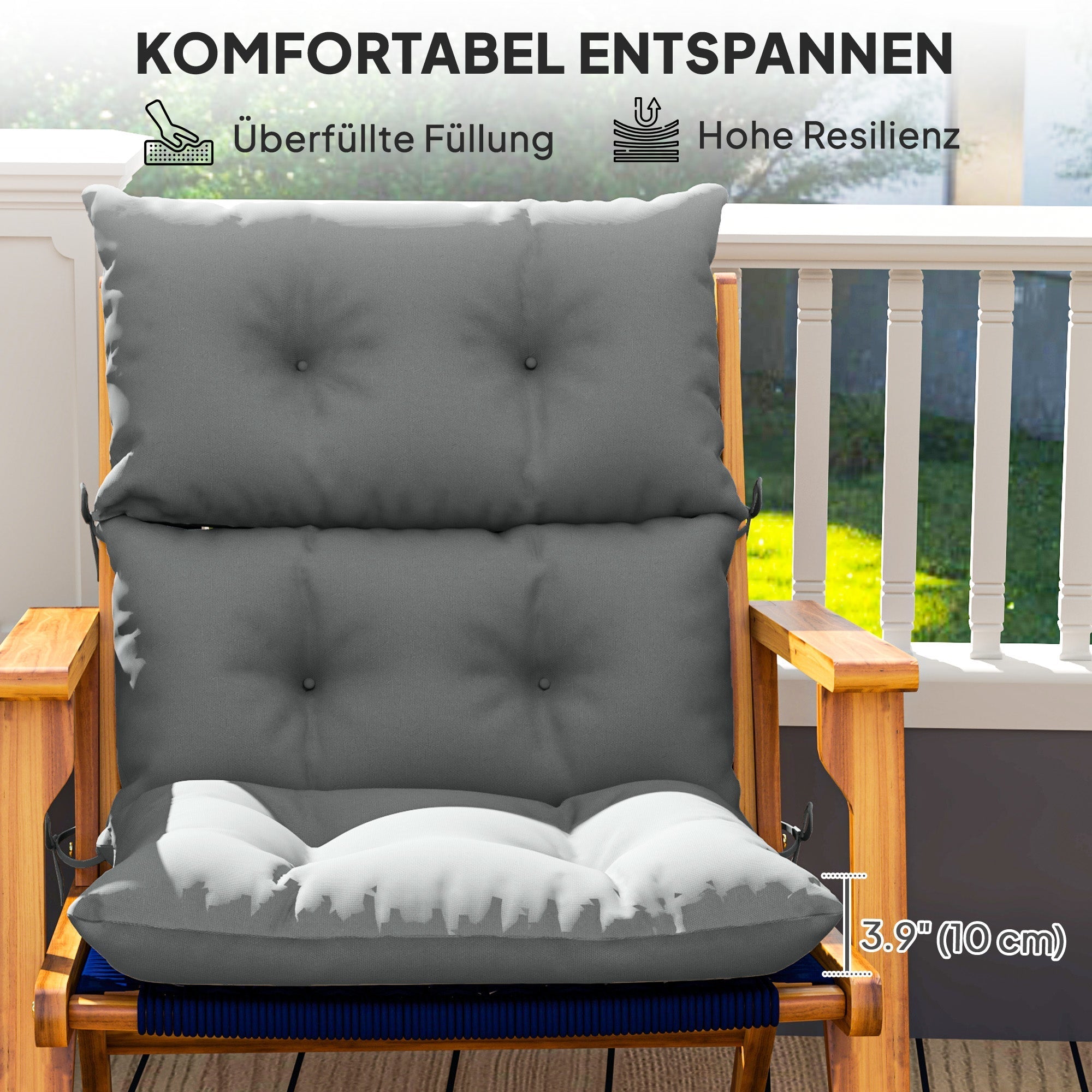 Seat Cushion, 115x56cm with ties, backrest, 10cm thick, water-repellent, light grey
