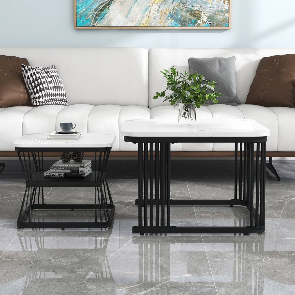 Set of 2 Modern Side Tables Marble Look Steel Frame - White/Black