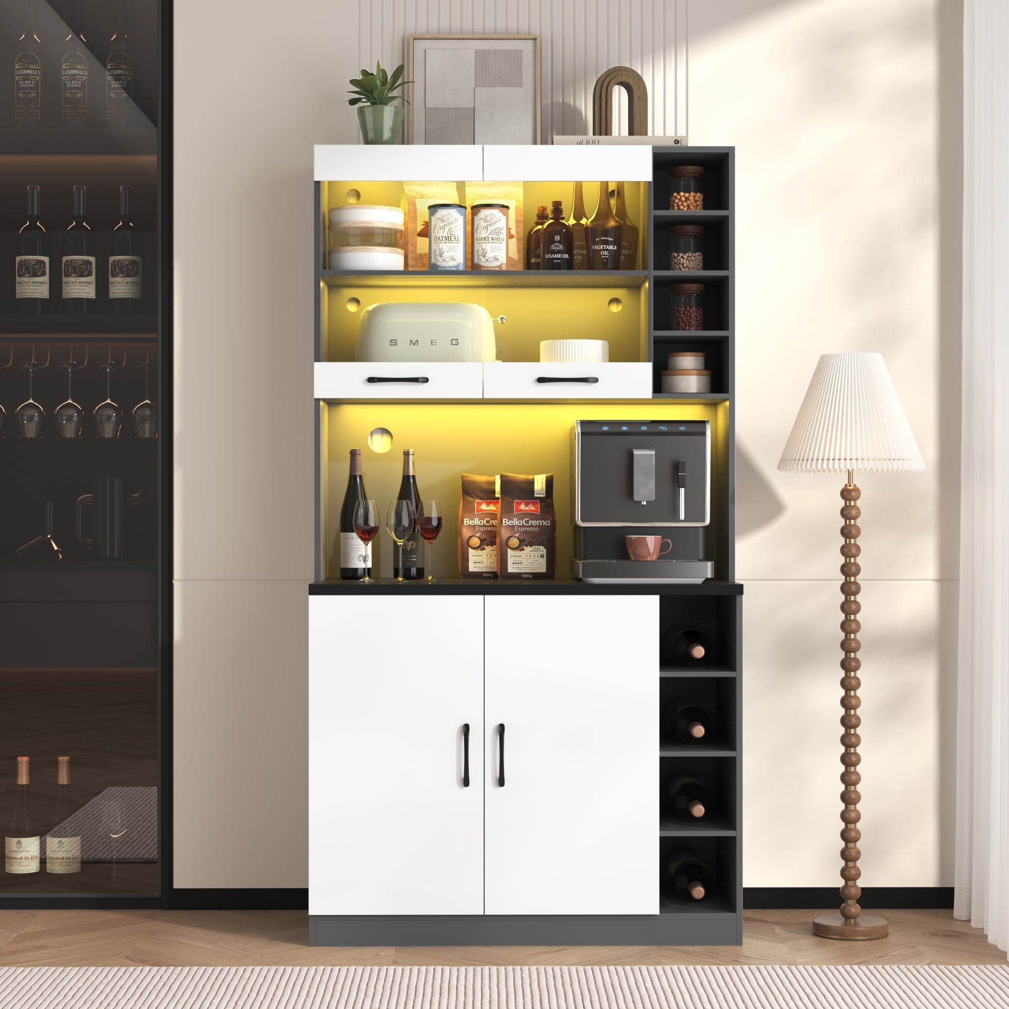 Kitchen Highboard Buffet 100x47x187cm LED Lighting Microwave Adjustable Shelves - Wooden